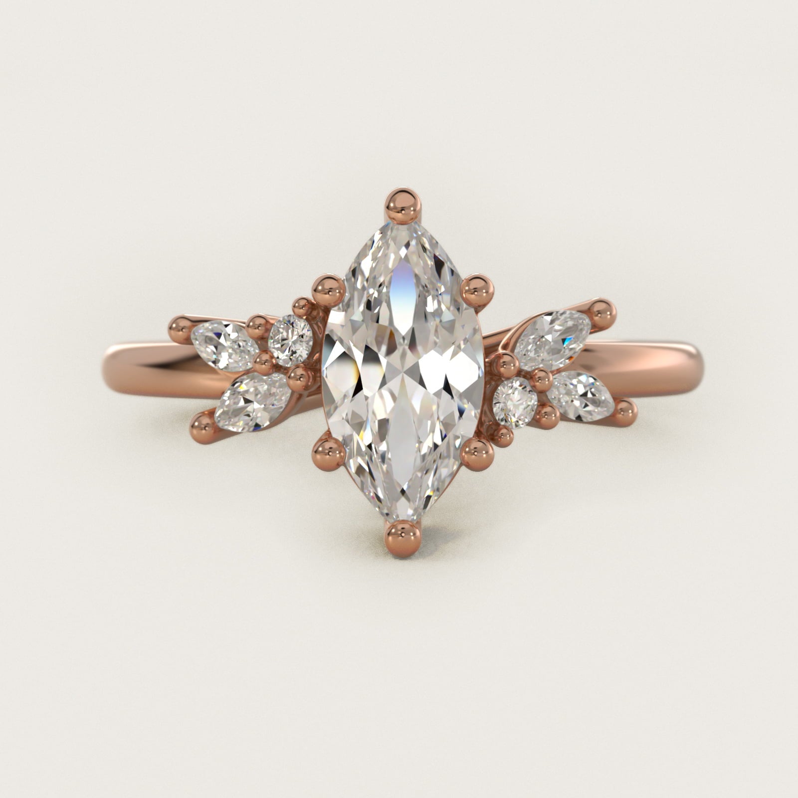 Marquise and Round Cluster Array Diamond Engagement Ring in 14k Rose Gold - Marquise Center