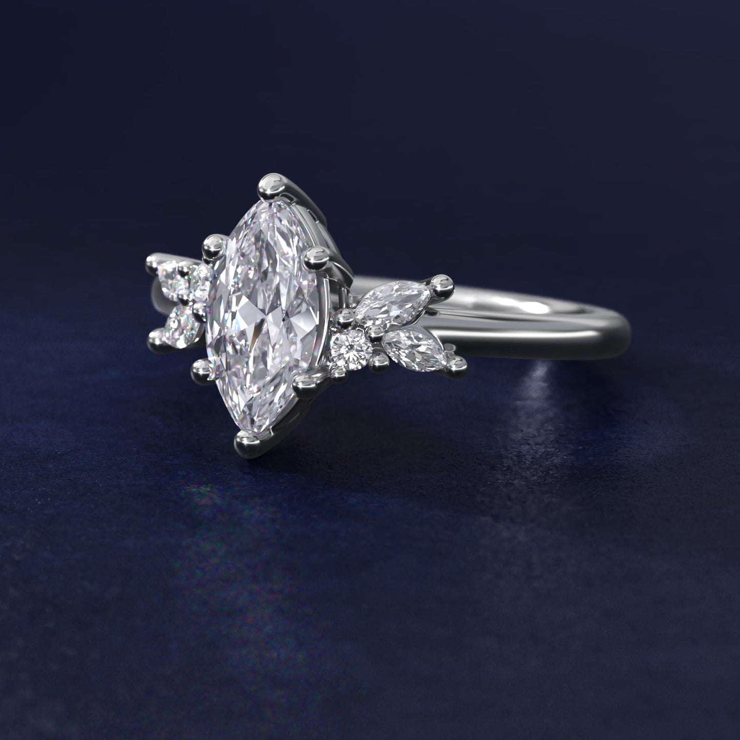 Marquise and Round Cluster Array Diamond Engagement Ring in 18k White Gold - Marquise Center
