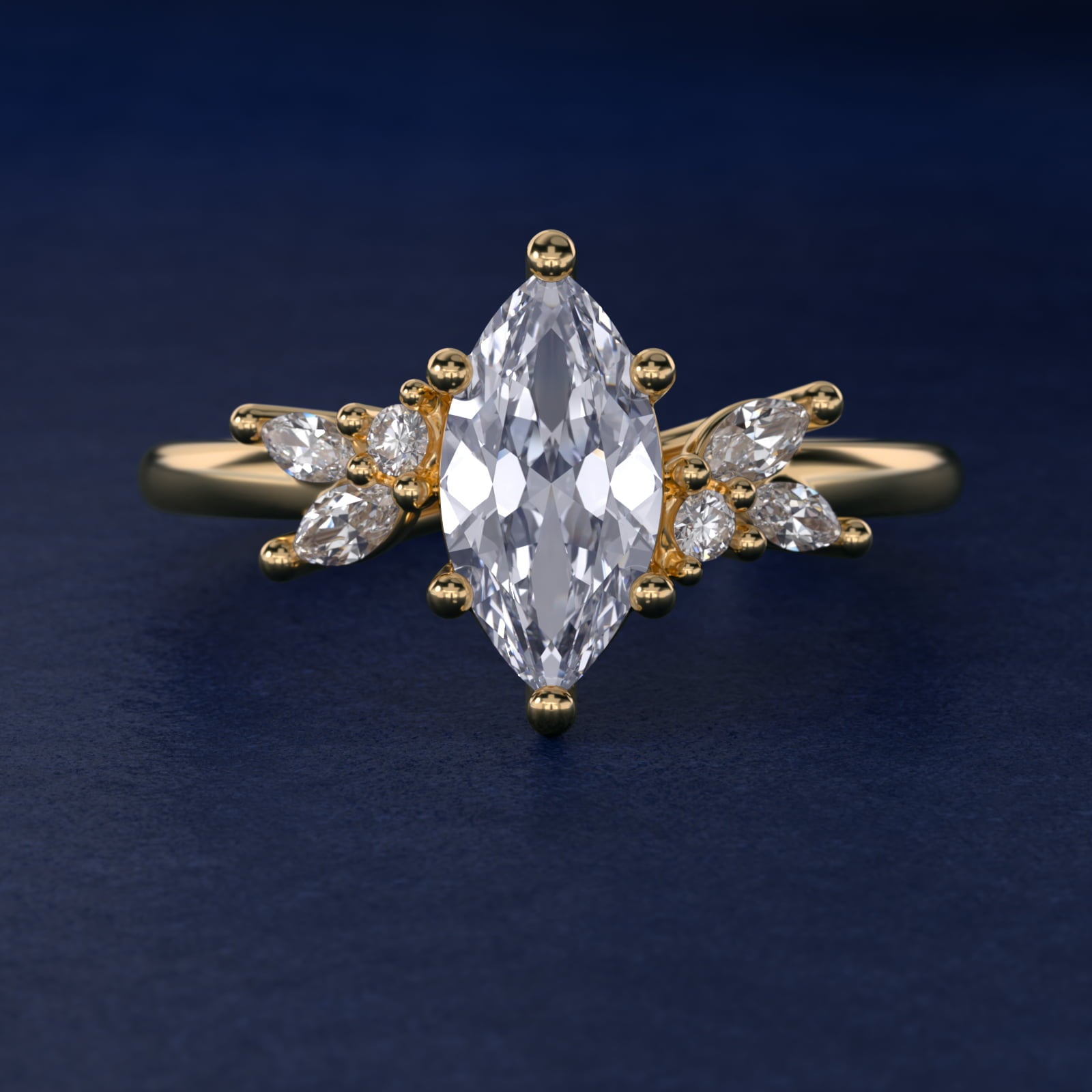 Marquise and Round Cluster Array Diamond Engagement Ring in 18k Yellow Gold - Marquise Center