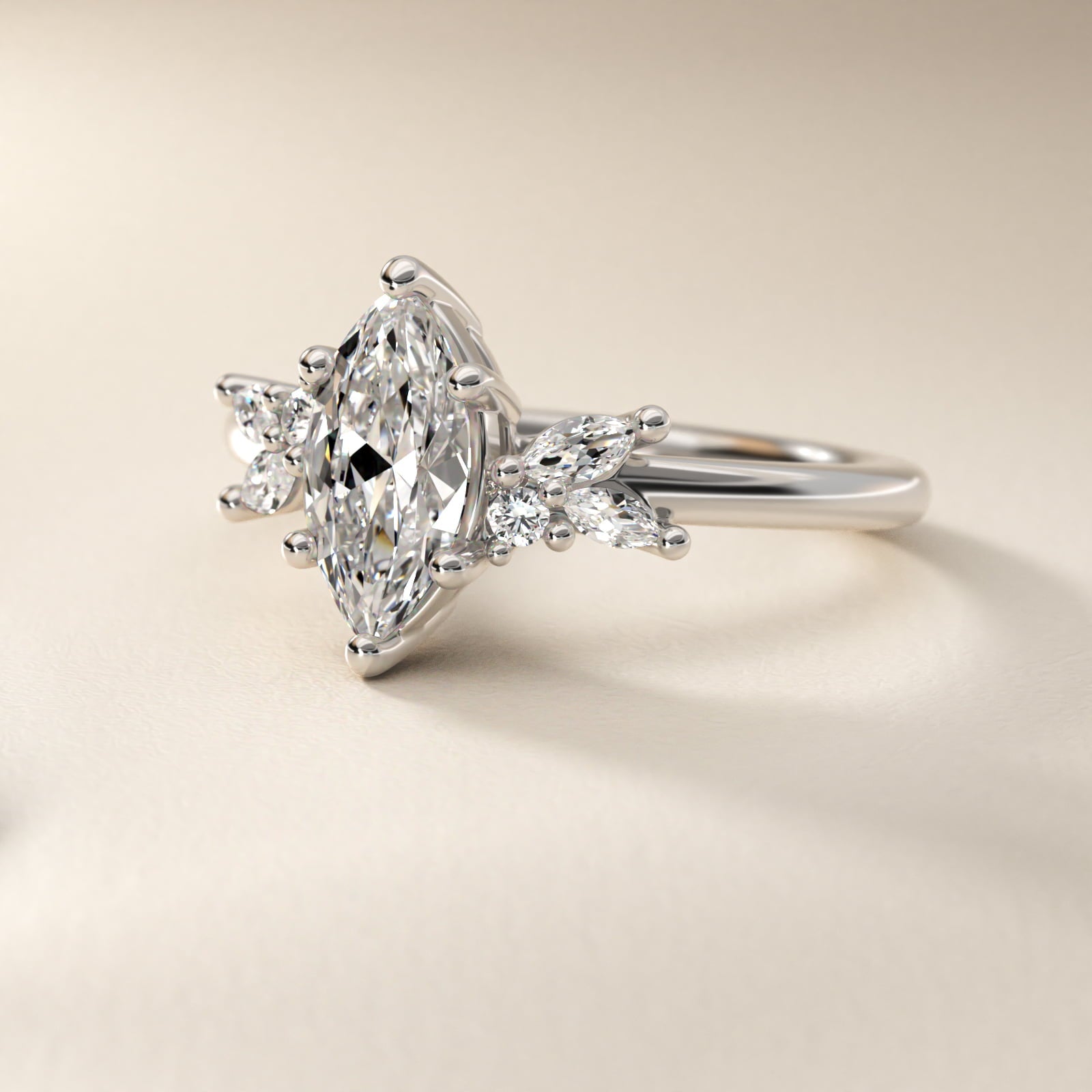 Marquise and Round Cluster Array Diamond Engagement Ring in Platinum - Marquise Center