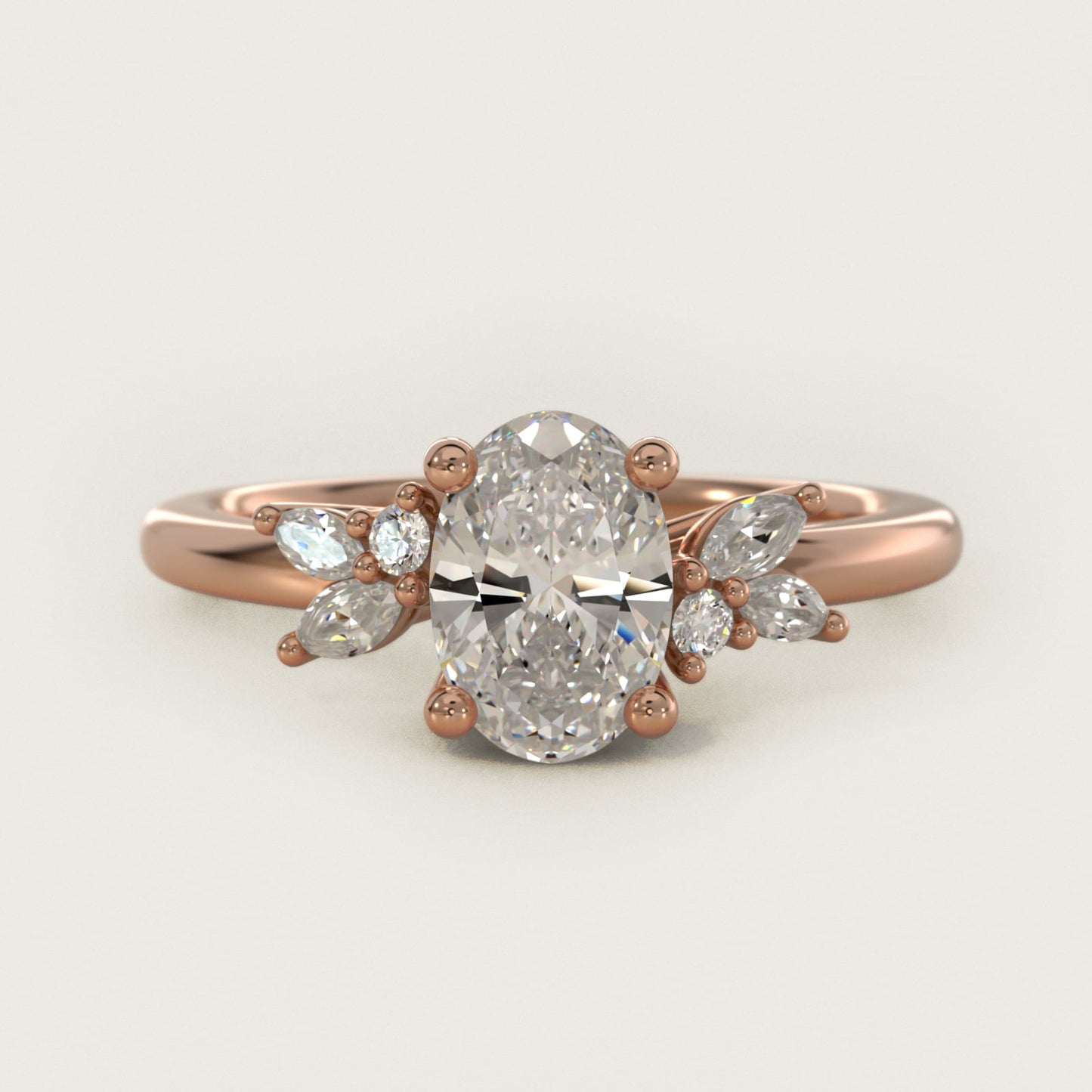 Marquise and Round Cluster Array Diamond Engagement Ring in 14k Rose Gold - Oval Center