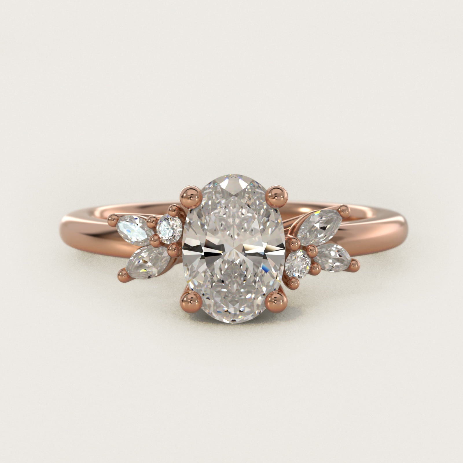 Marquise and Round Cluster Array Diamond Engagement Ring in 14k Rose Gold - Oval Center