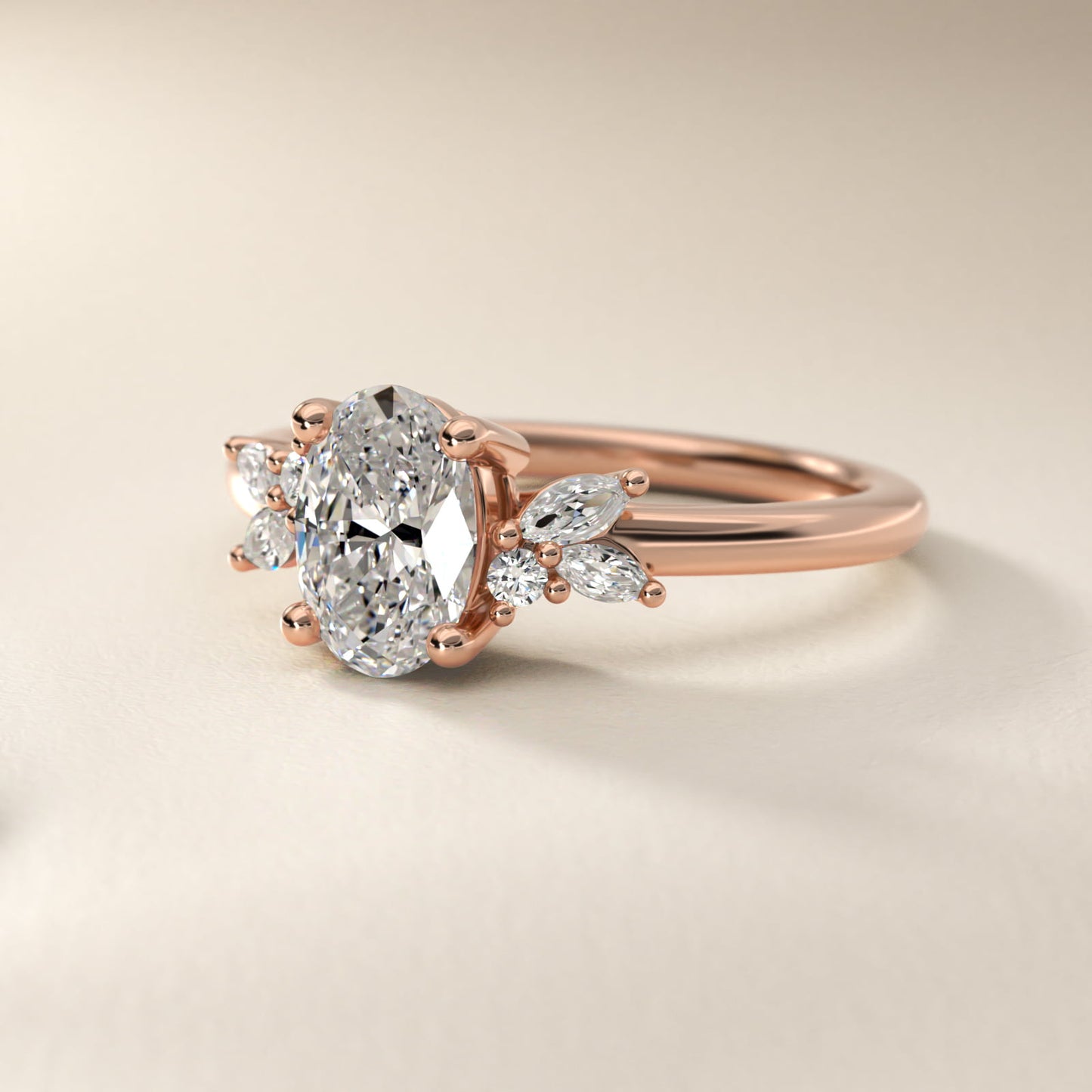 Marquise and Round Cluster Array Diamond Engagement Ring in 14k Rose Gold - Oval Center