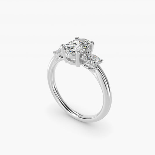 Marquise and Round Cluster Array Diamond Engagement Ring in 14k White Gold - Oval Center