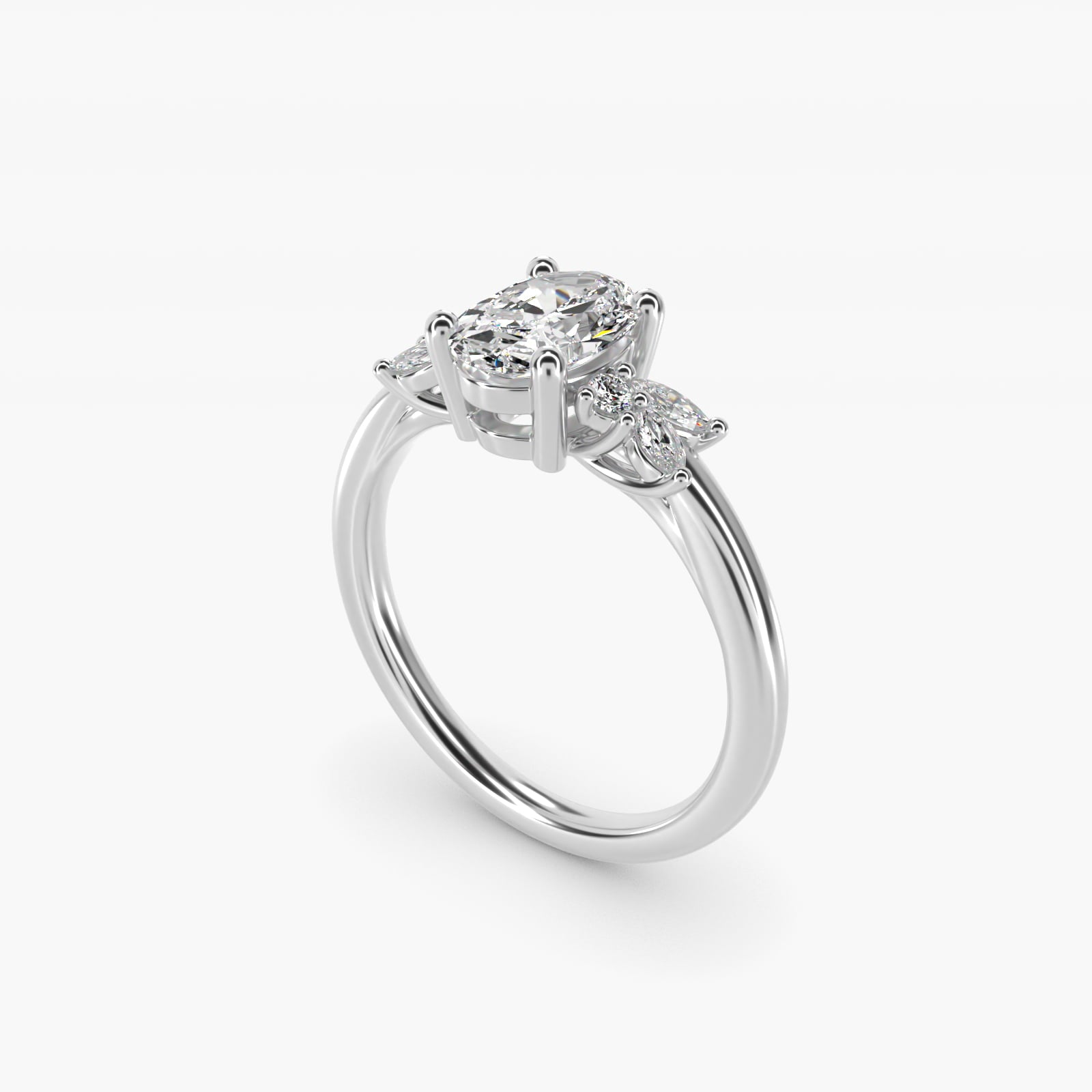 Marquise and Round Cluster Array Diamond Engagement Ring in 18k White Gold - Oval Center