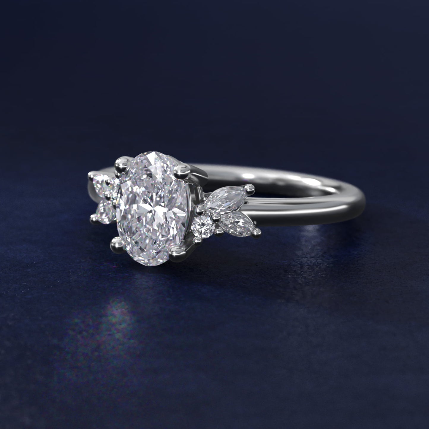 Marquise and Round Cluster Array Diamond Engagement Ring in 14k White Gold - Oval Center