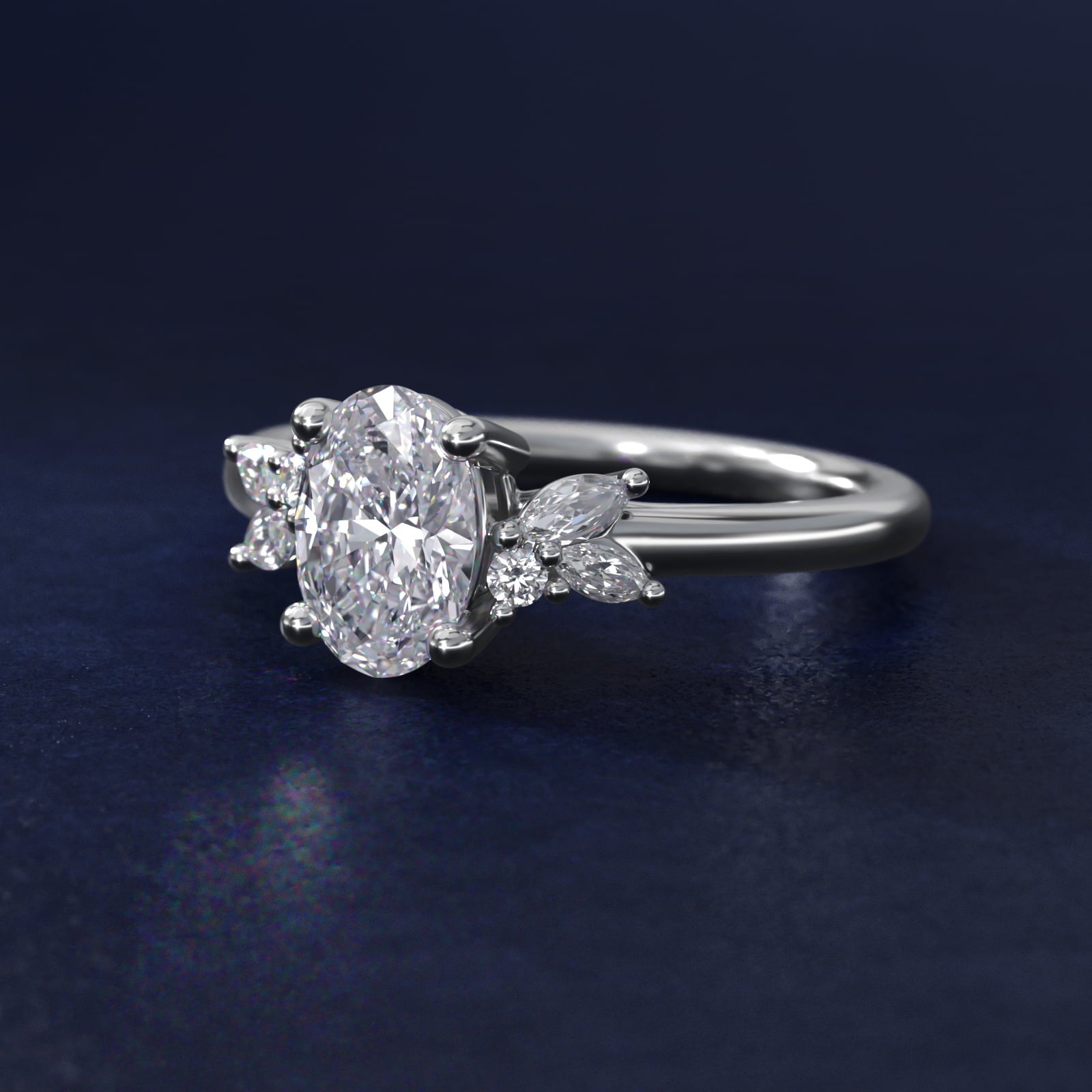Marquise and Round Cluster Array Diamond Engagement Ring in 14k White Gold - Oval Center