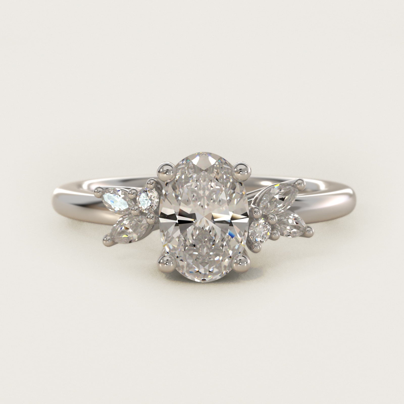 Marquise and Round Cluster Array Diamond Engagement Ring in 18k White Gold - Oval Center