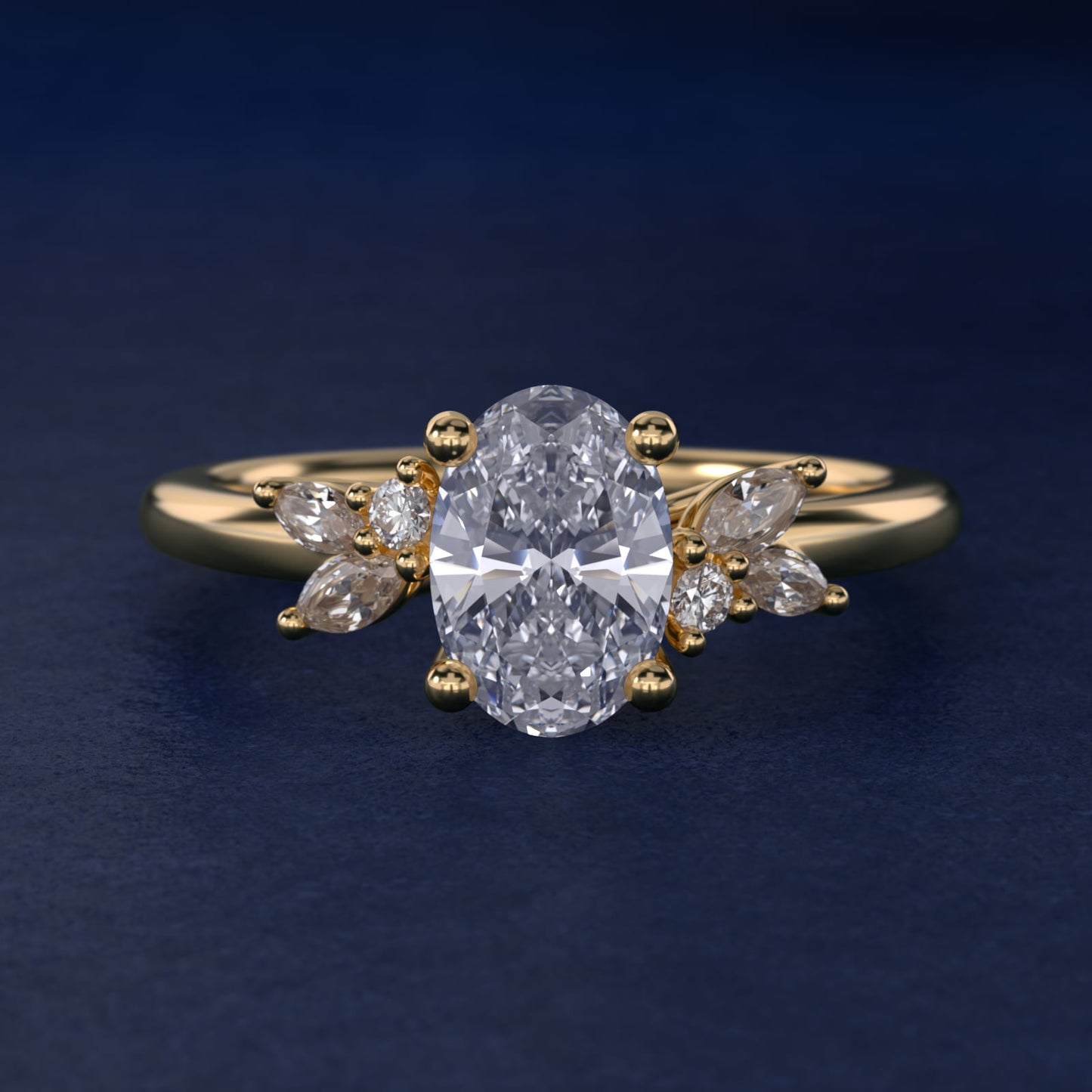Marquise and Round Cluster Array Diamond Engagement Ring in 14k Yellow Gold - Oval Center