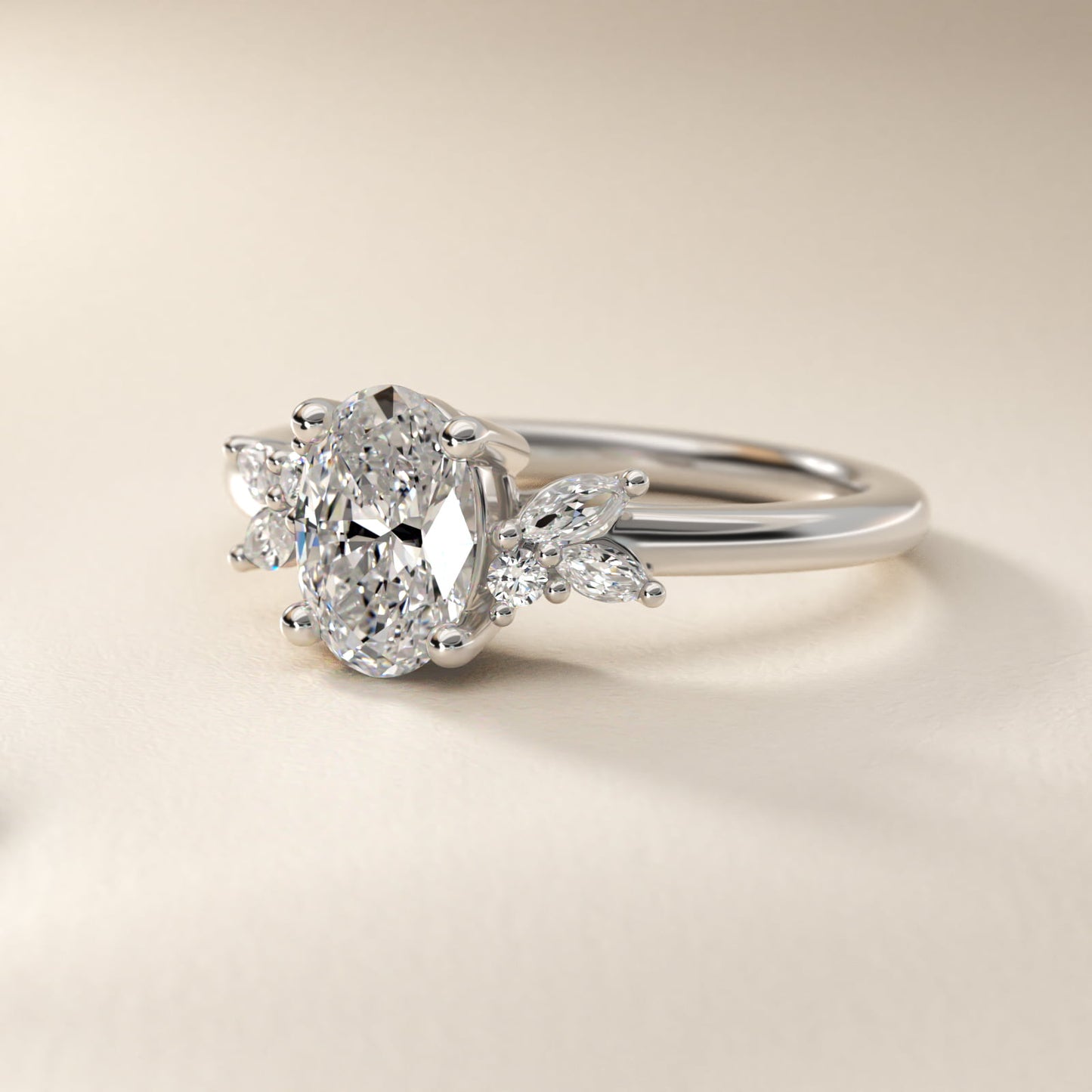 Marquise and Round Cluster Array Diamond Engagement Ring in Platinum - Oval Center