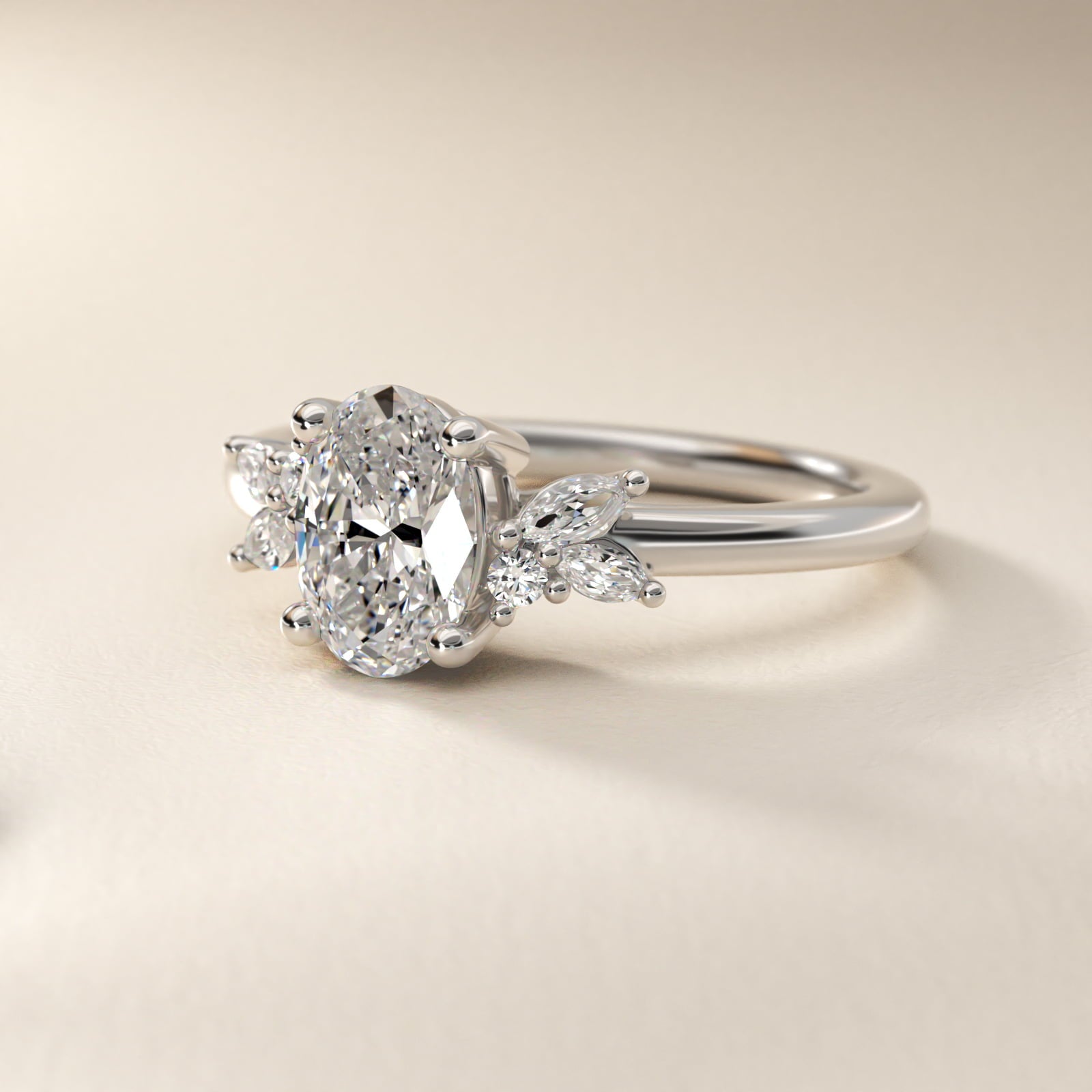Marquise and Round Cluster Array Diamond Engagement Ring in Platinum - Oval Center