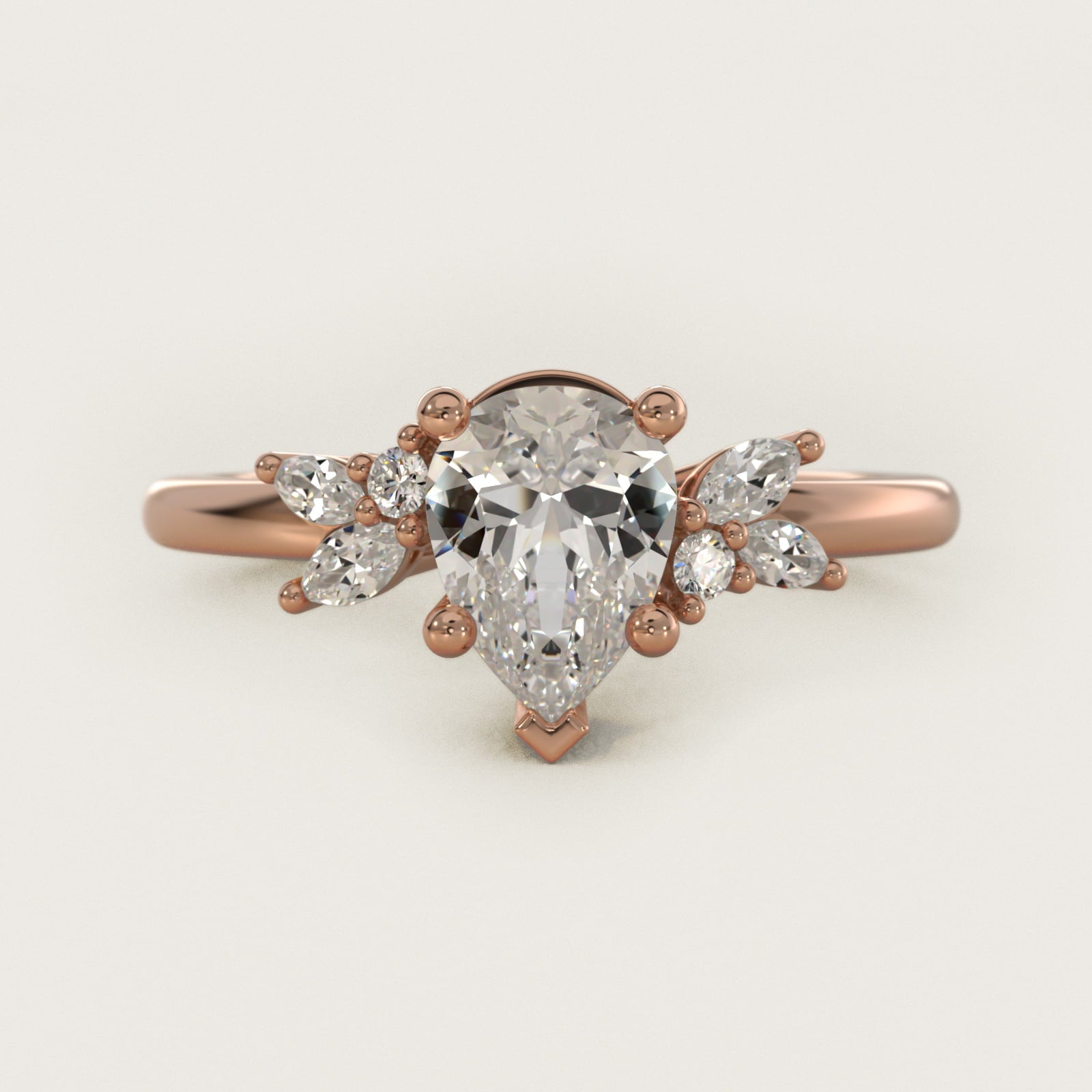 Marquise and Round Cluster Array Diamond Engagement Ring in 14k Rose Gold - Pear Center