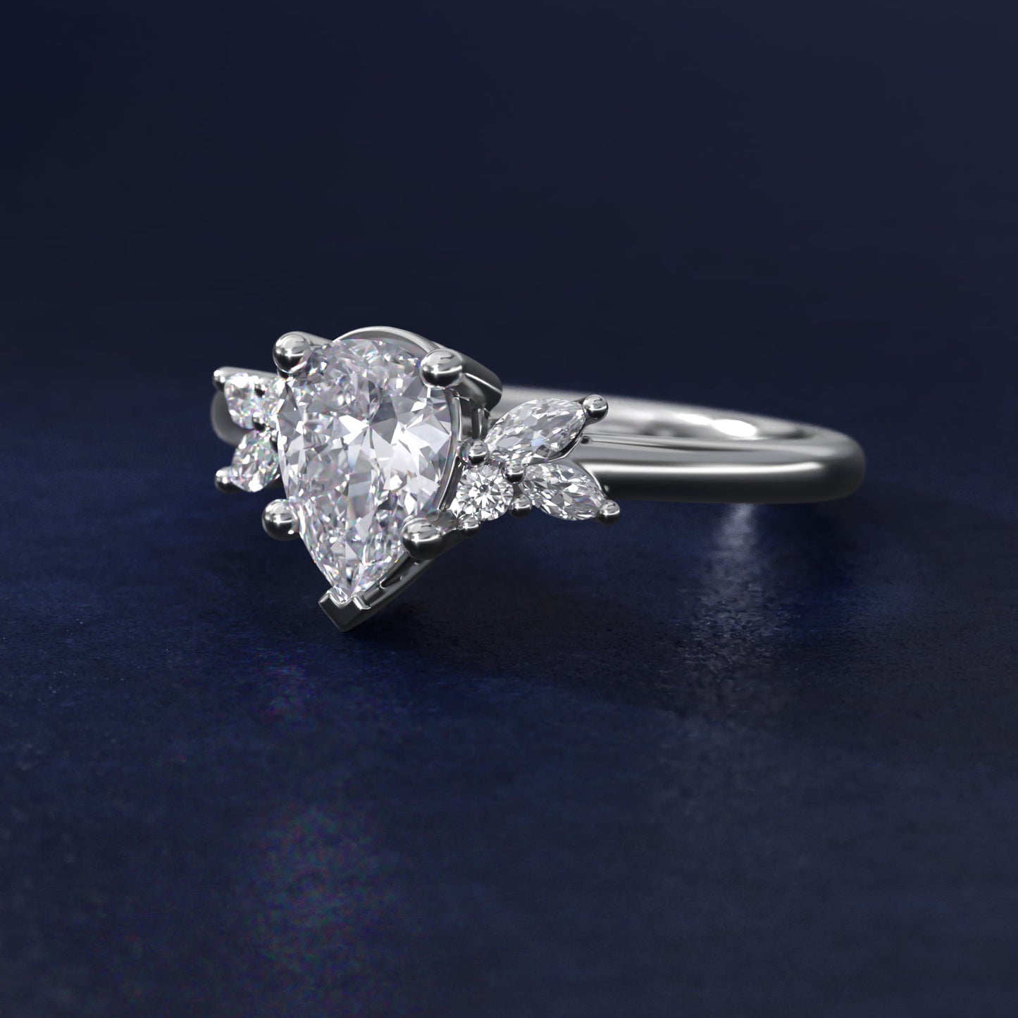 Marquise and Round Cluster Array Diamond Engagement Ring in 14k White Gold - Pear Center
