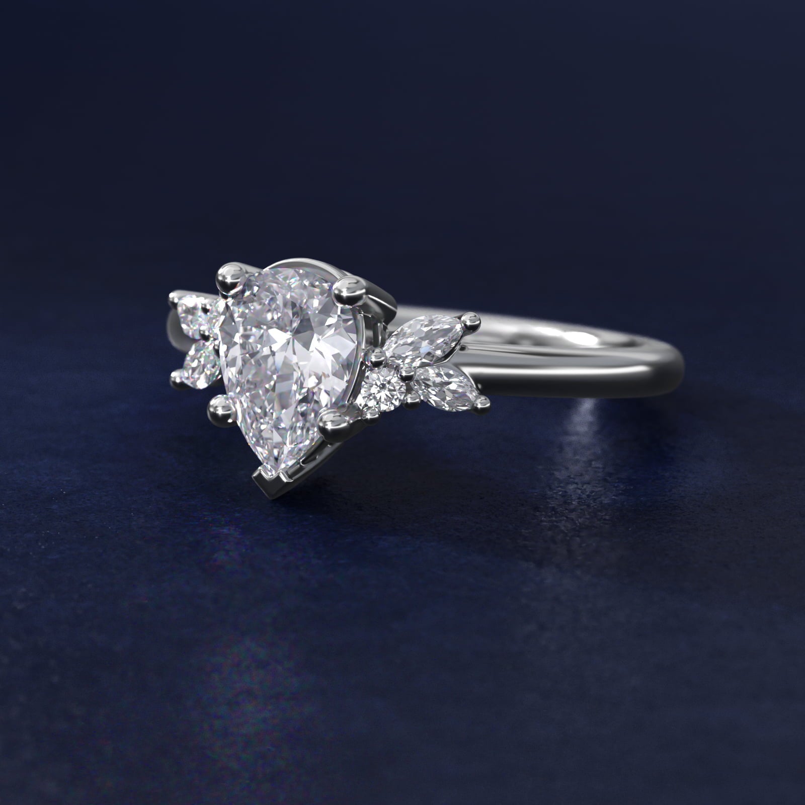 Marquise and Round Cluster Array Diamond Engagement Ring in 18k White Gold - Pear Center