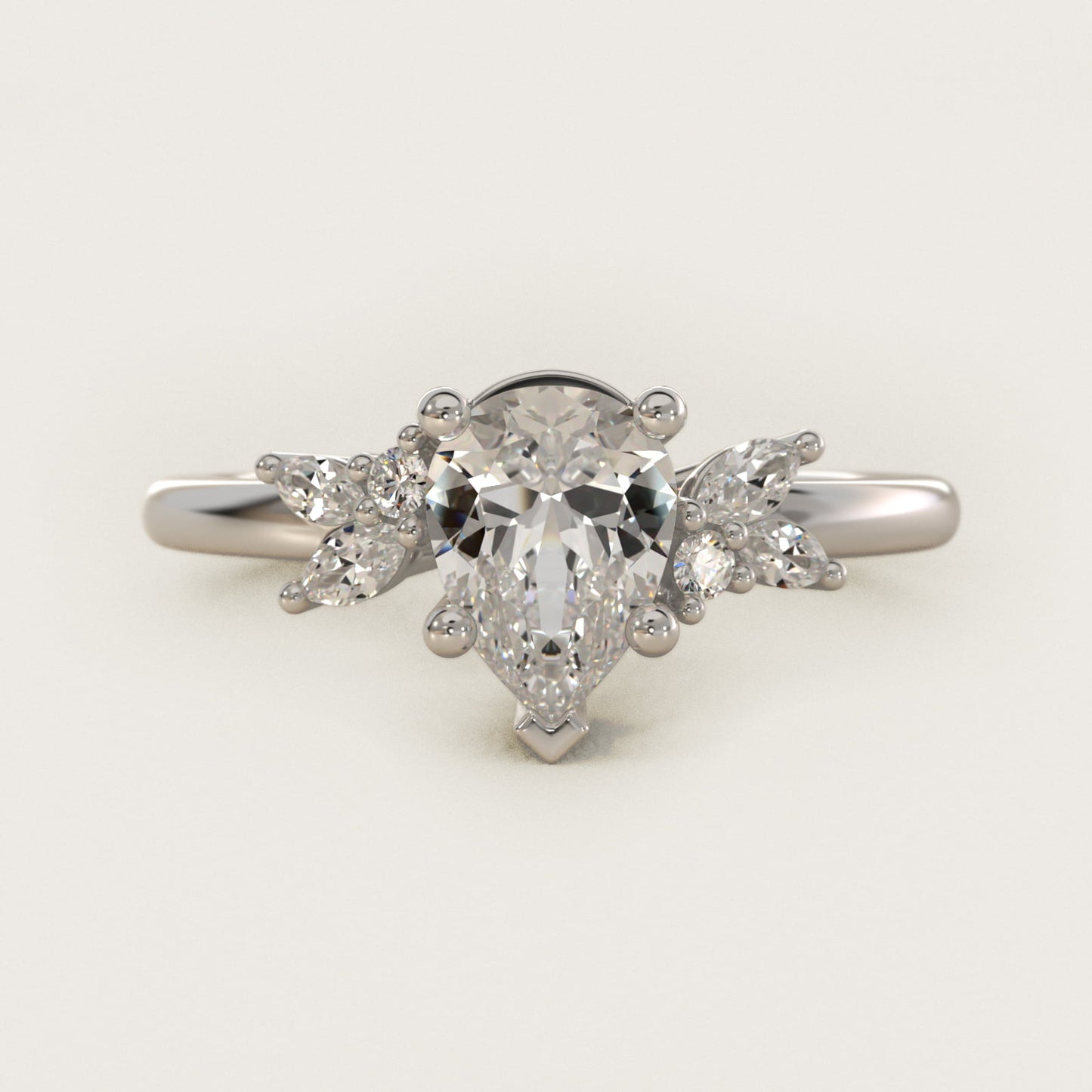 Marquise and Round Cluster Array Diamond Engagement Ring in 18k White Gold - Pear Center