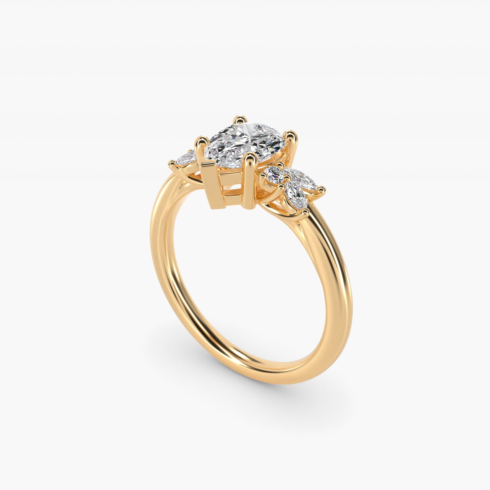 Marquise and Round Cluster Array Diamond Engagement Ring in 14k Yellow Gold - Pear Center