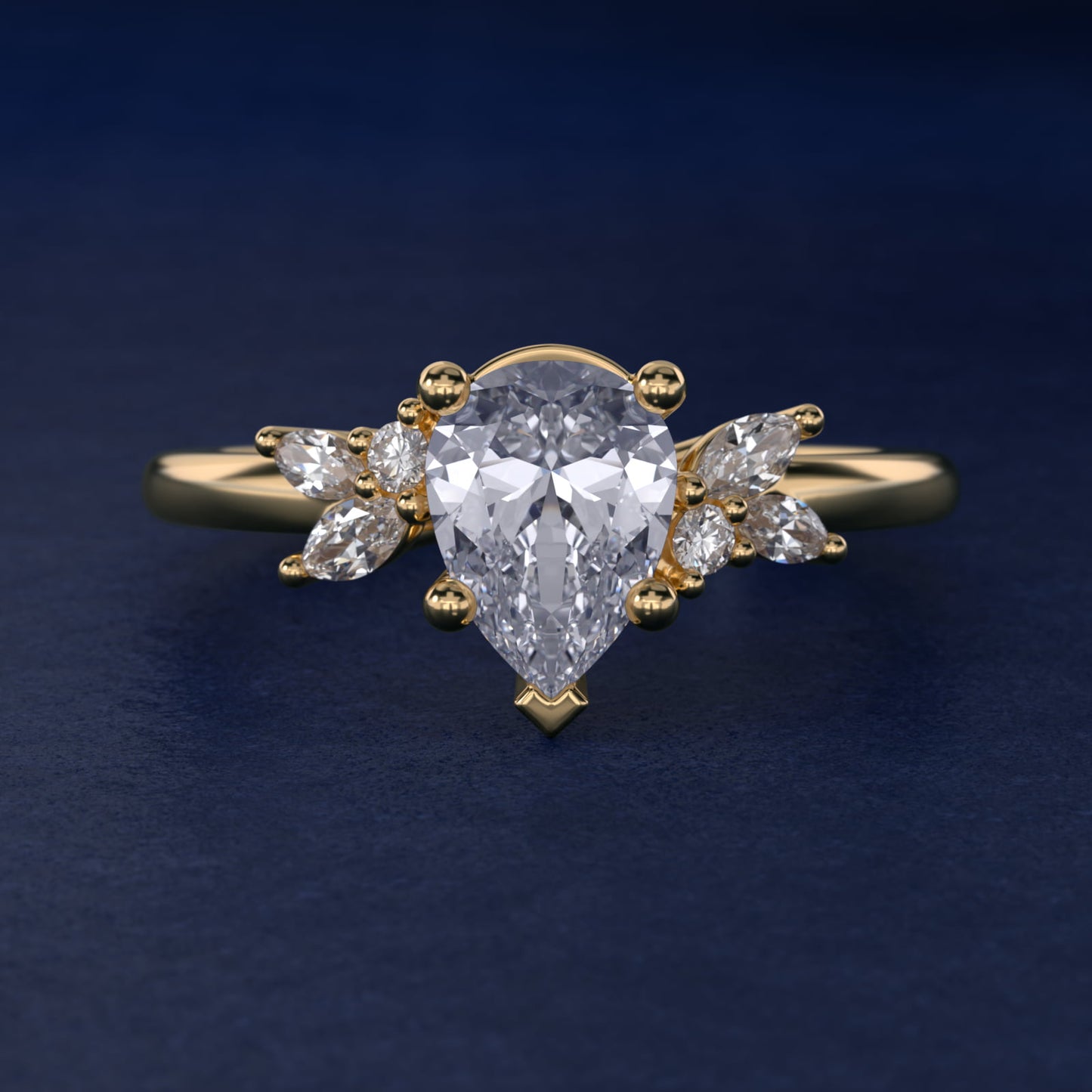 Marquise and Round Cluster Array Diamond Engagement Ring in 14k Yellow Gold - Pear Center