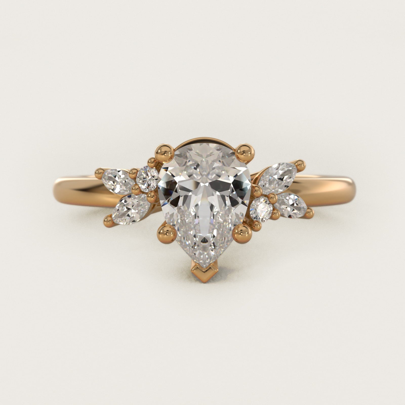 Marquise and Round Cluster Array Diamond Engagement Ring in 14k Yellow Gold - Pear Center