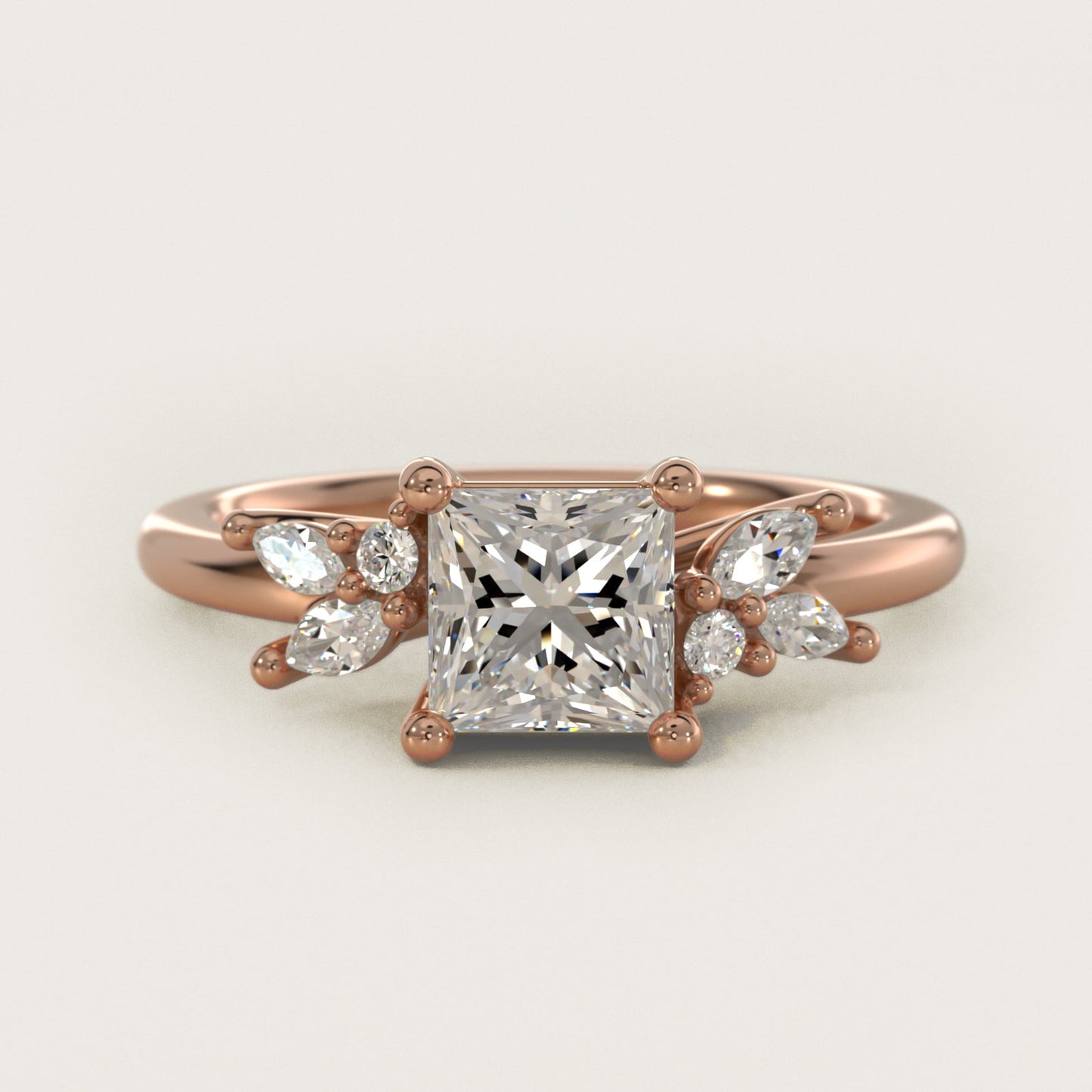 Marquise and Round Cluster Array Diamond Engagement Ring in 14k Rose Gold - Princess Center
