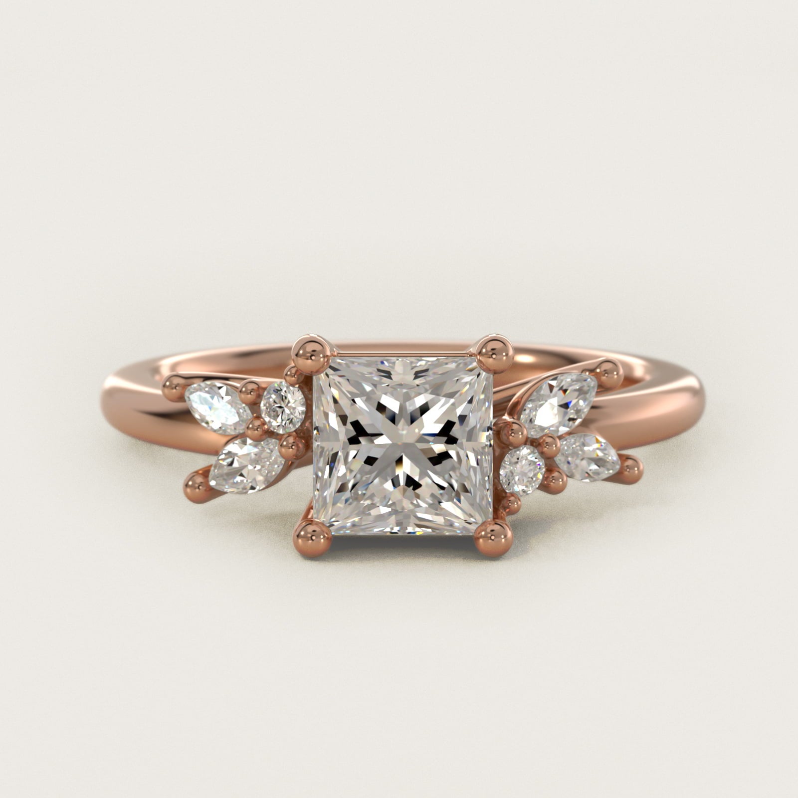 Marquise and Round Cluster Array Diamond Engagement Ring in 18k Rose Gold - Princess Center