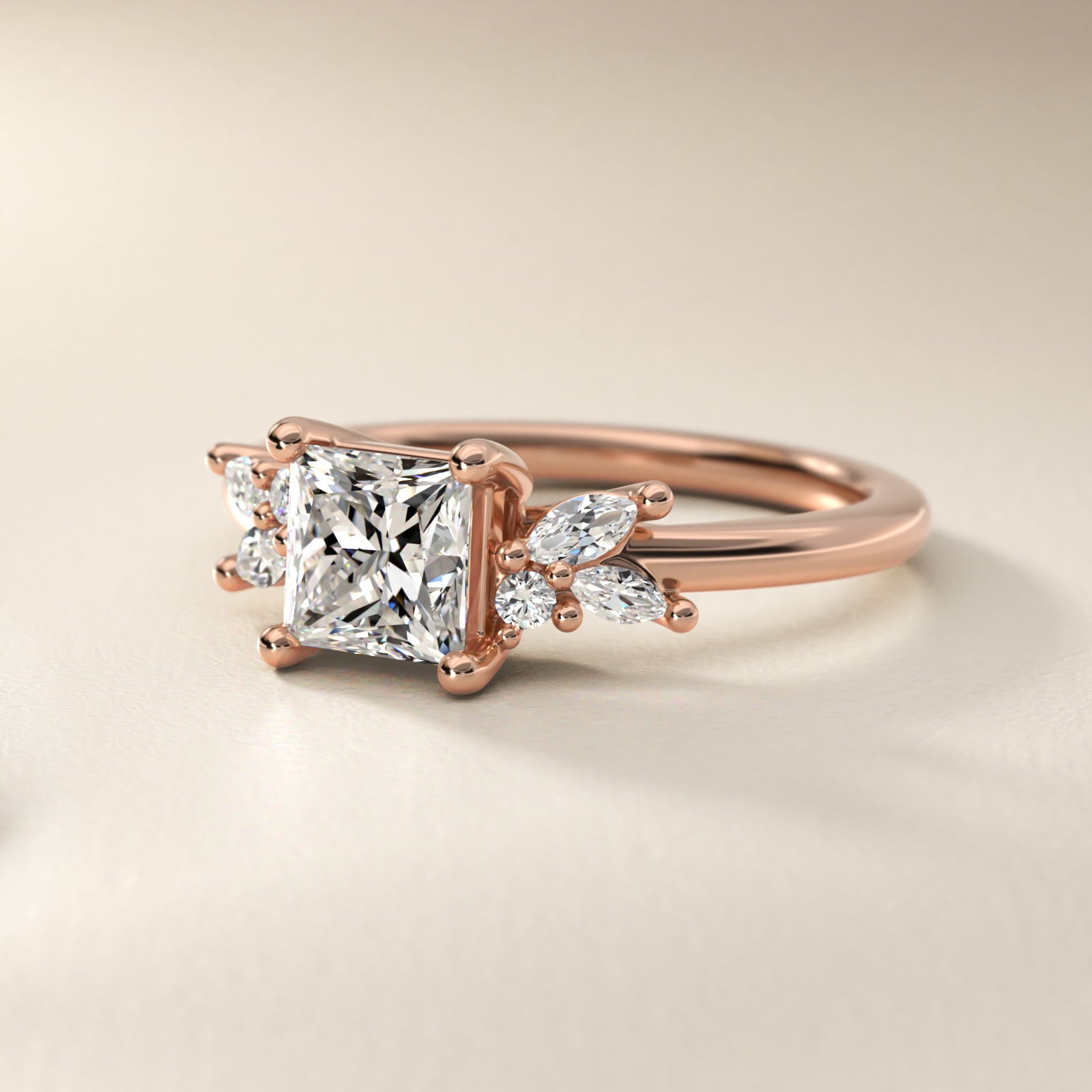 Marquise and Round Cluster Array Diamond Engagement Ring in 18k Rose Gold - Princess Center