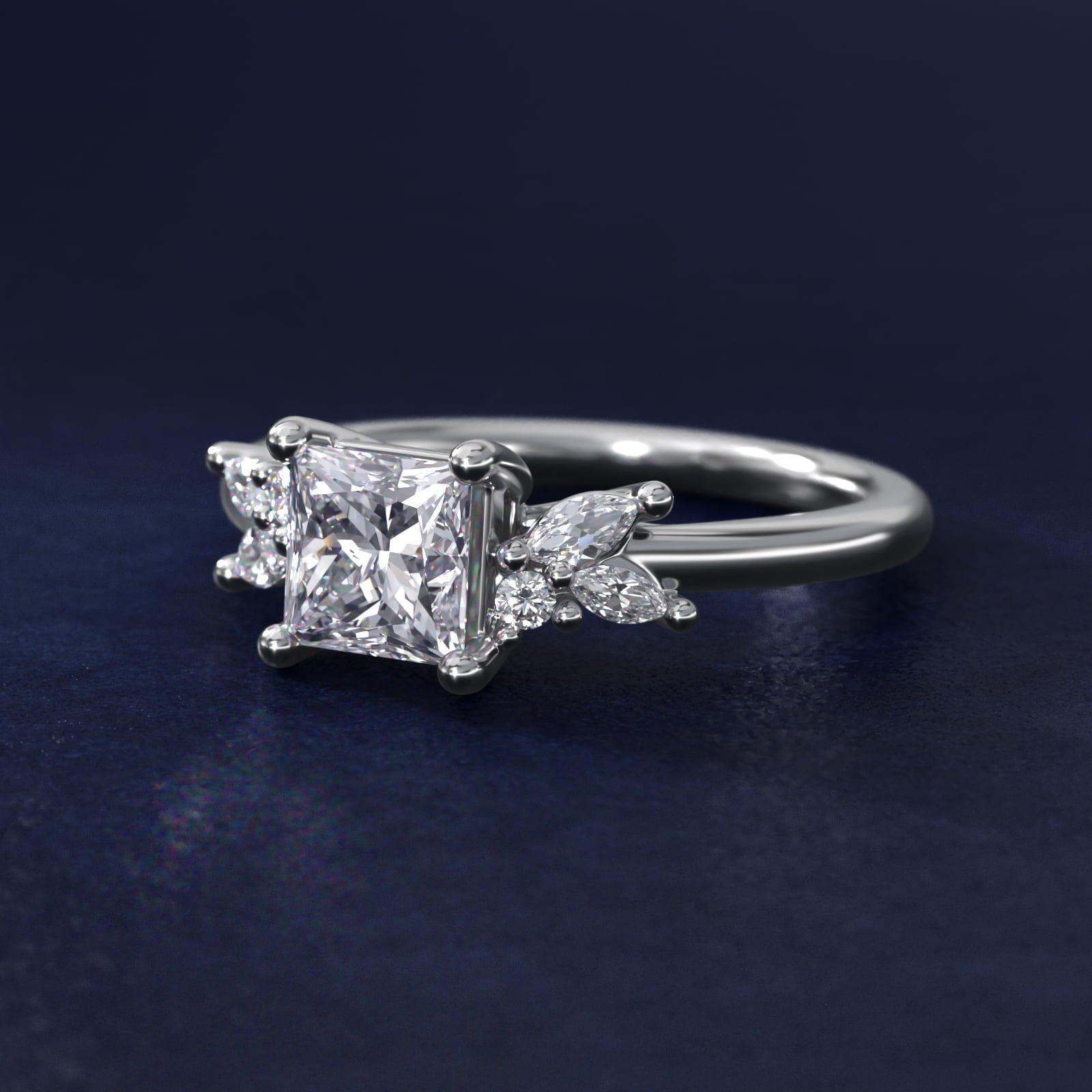 Marquise and Round Cluster Array Diamond Engagement Ring in 18k White Gold - Princess Center