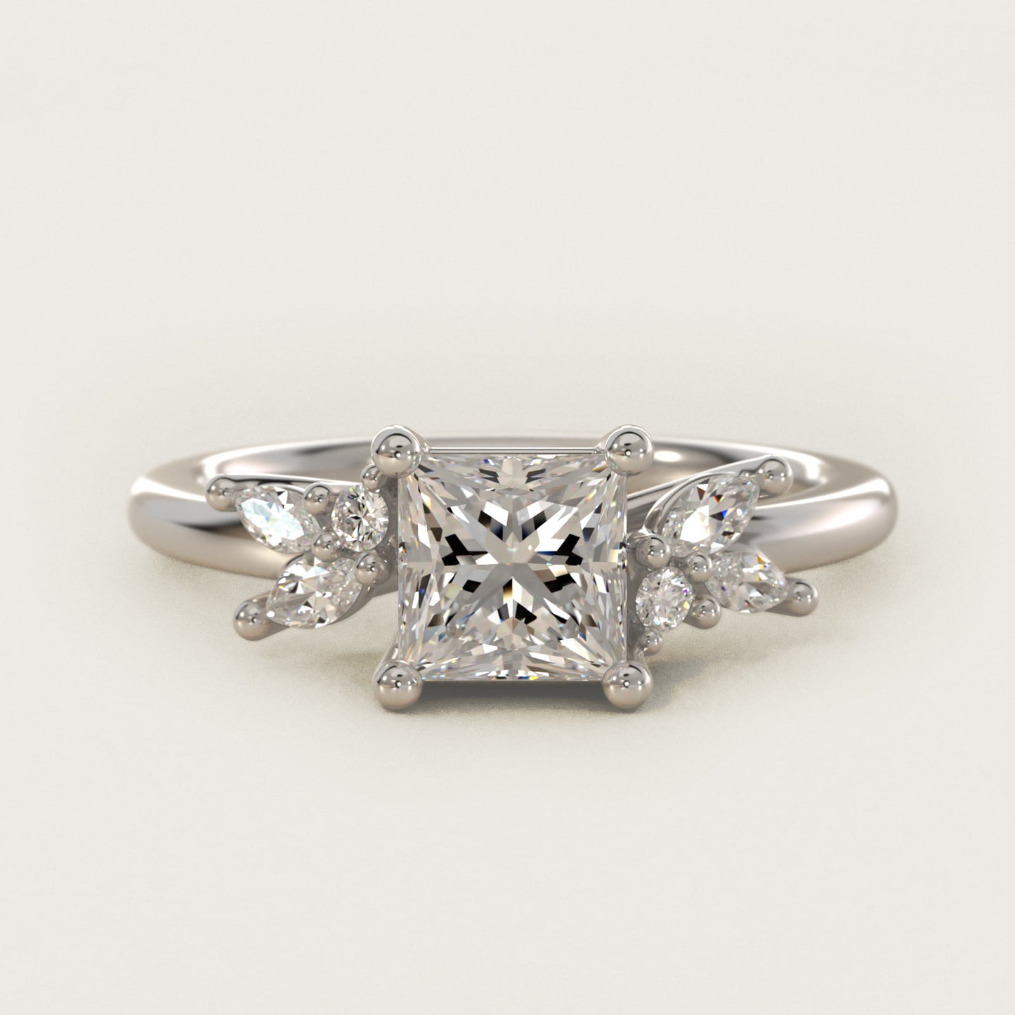 Marquise and Round Cluster Array Diamond Engagement Ring in 18k White Gold - Princess Center