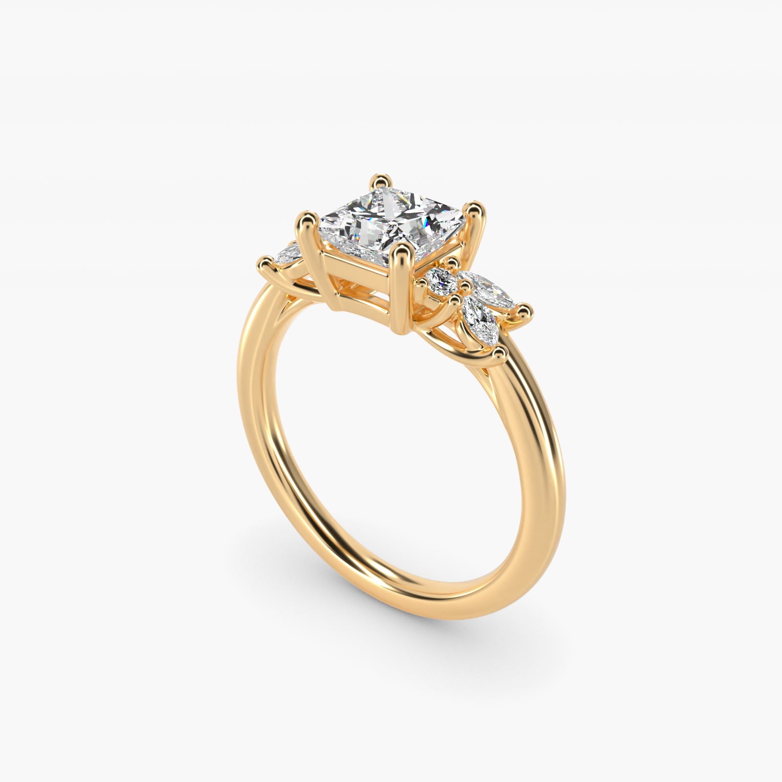 Marquise and Round Cluster Array Diamond Engagement Ring in 14k Yellow Gold - Princess Center