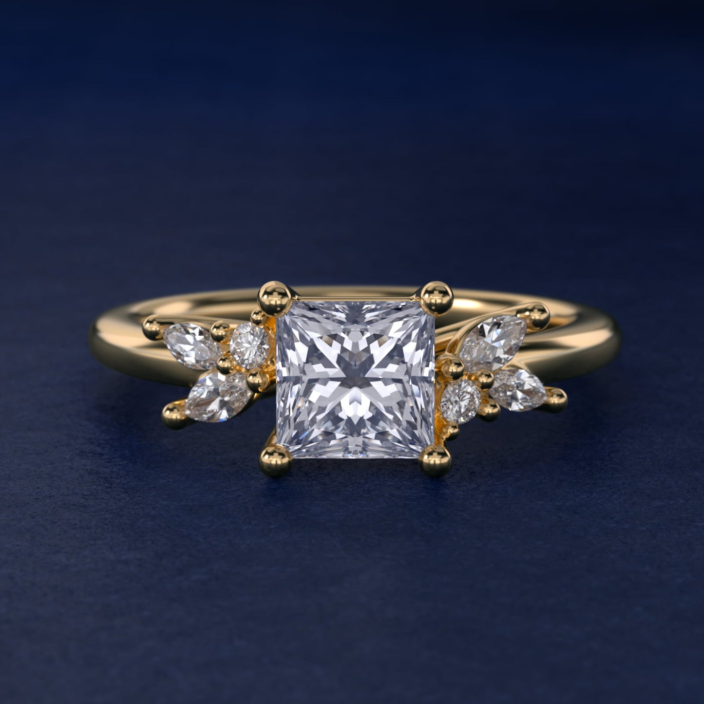 Marquise and Round Cluster Array Diamond Engagement Ring in 14k Yellow Gold - Princess Center