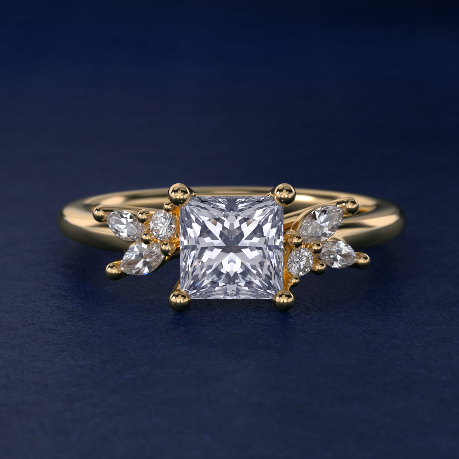 Marquise and Round Cluster Array Diamond Engagement Ring in 14k Yellow Gold - Princess Center