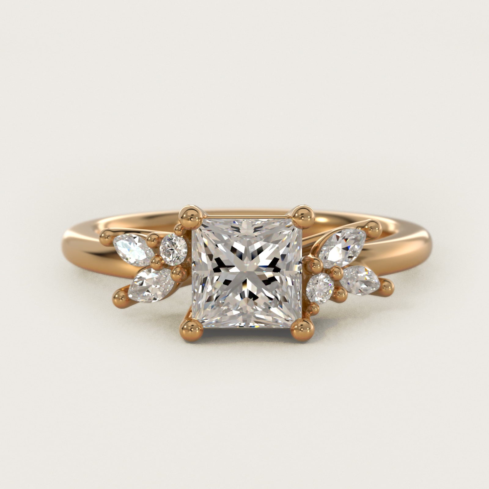 Marquise and Round Cluster Array Diamond Engagement Ring in 18k Yellow Gold - Princess Center