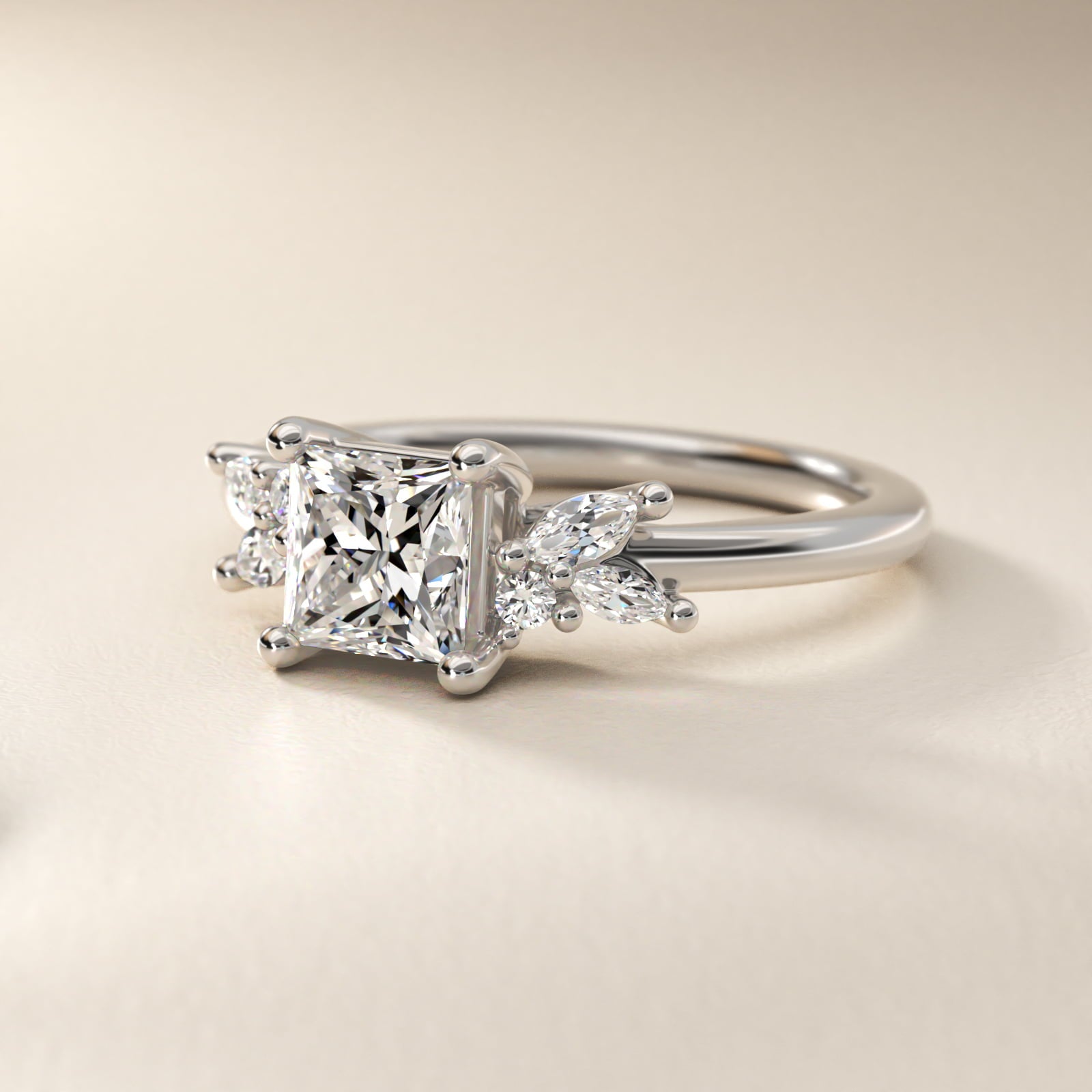 Marquise and Round Cluster Array Diamond Engagement Ring in Platinum - Princess Center