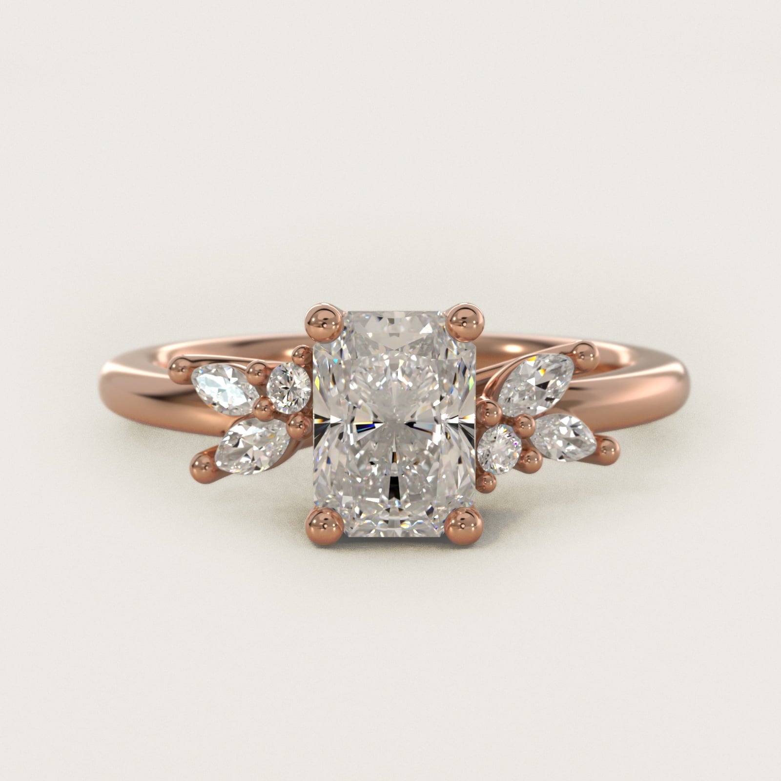 Marquise and Round Cluster Array Diamond Engagement Ring in 14k Rose Gold - Radiant Center