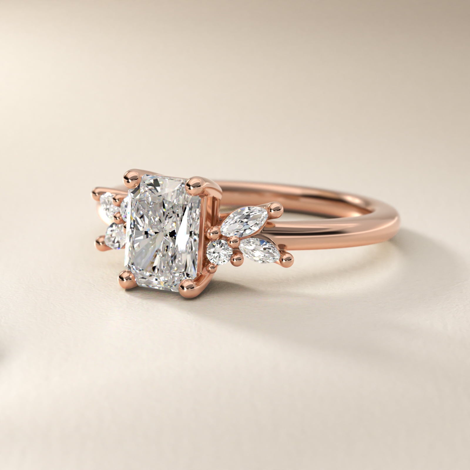 Marquise and Round Cluster Array Diamond Engagement Ring in 18k Rose Gold - Radiant Center