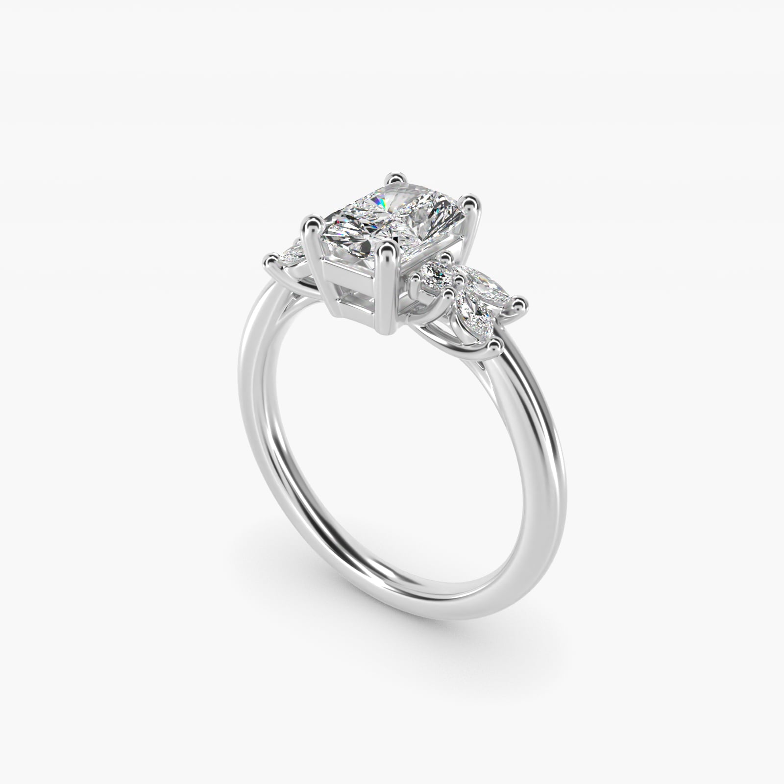 Marquise and Round Cluster Array Diamond Engagement Ring in 14k White Gold - Radiant Center