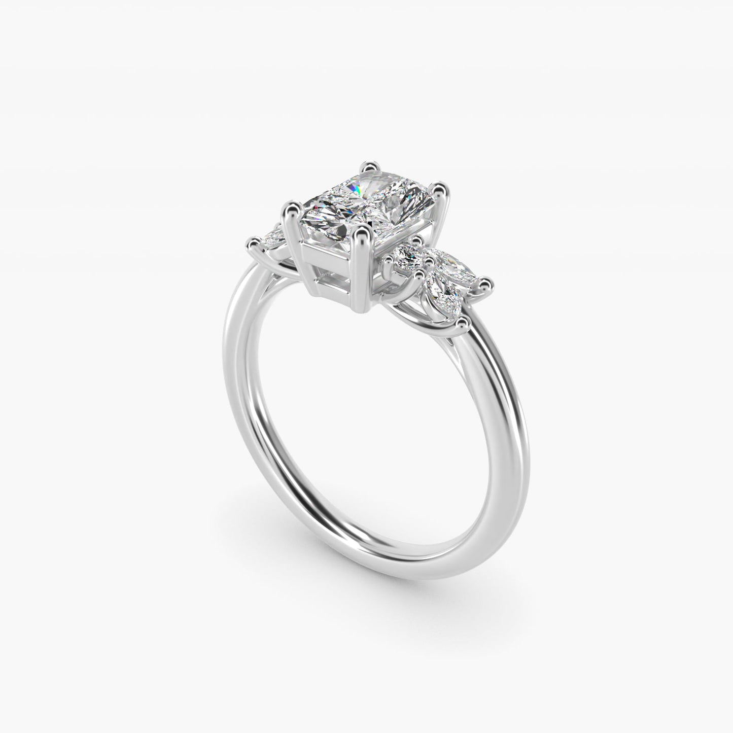 Marquise and Round Cluster Array Diamond Engagement Ring in 18k White Gold - Radiant Center