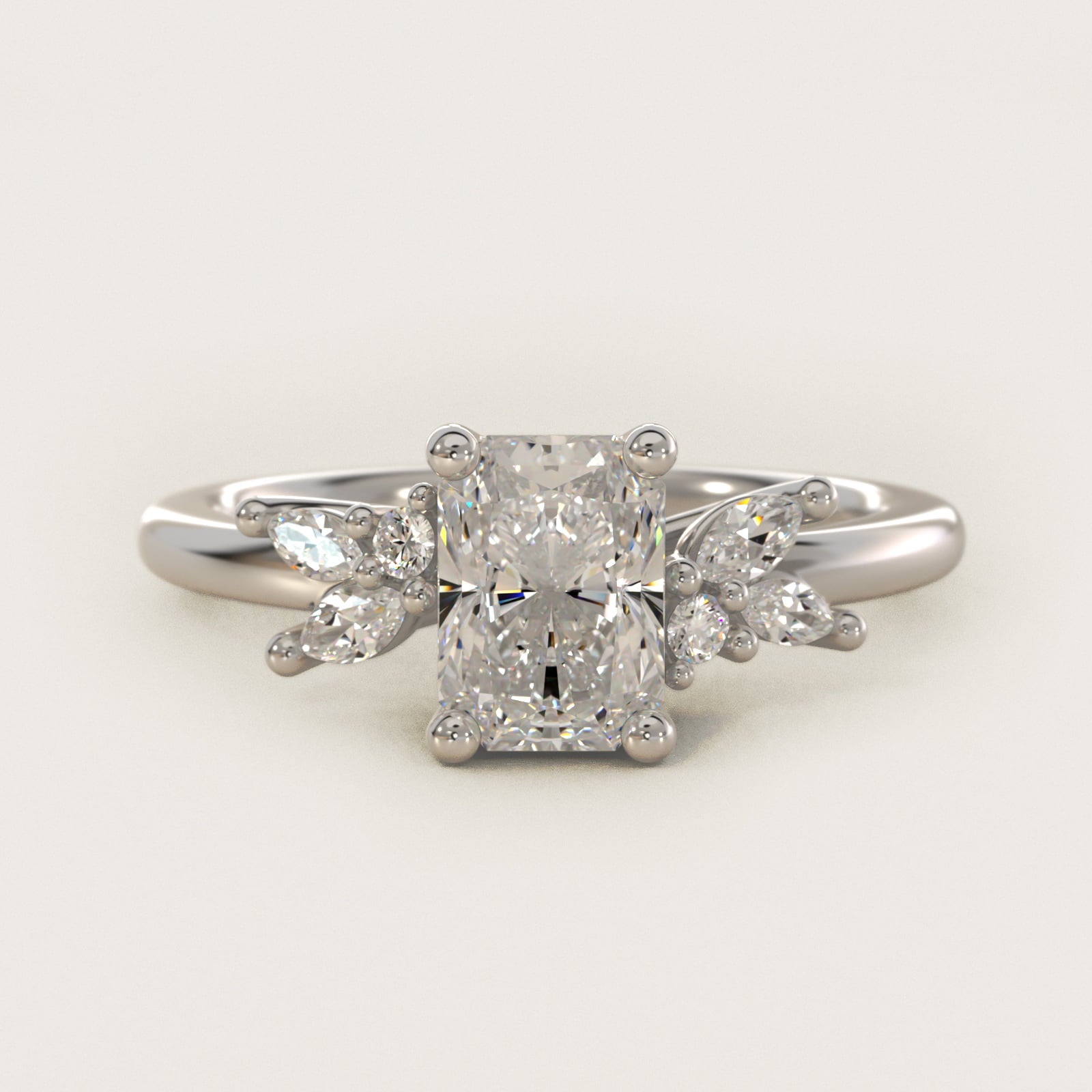 Marquise and Round Cluster Array Diamond Engagement Ring in 14k White Gold - Radiant Center