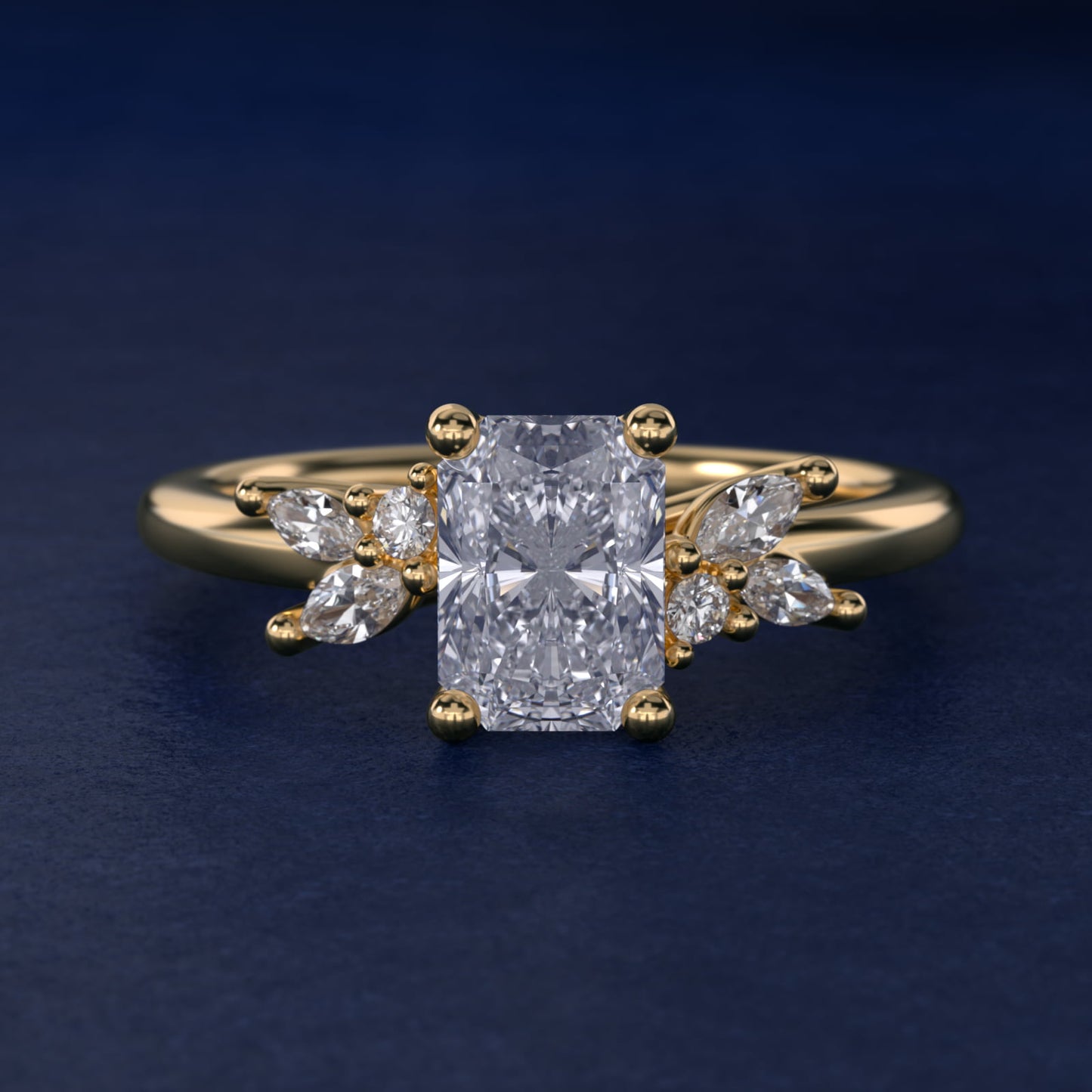 Marquise and Round Cluster Array Diamond Engagement Ring in 18k Yellow Gold - Radiant Center
