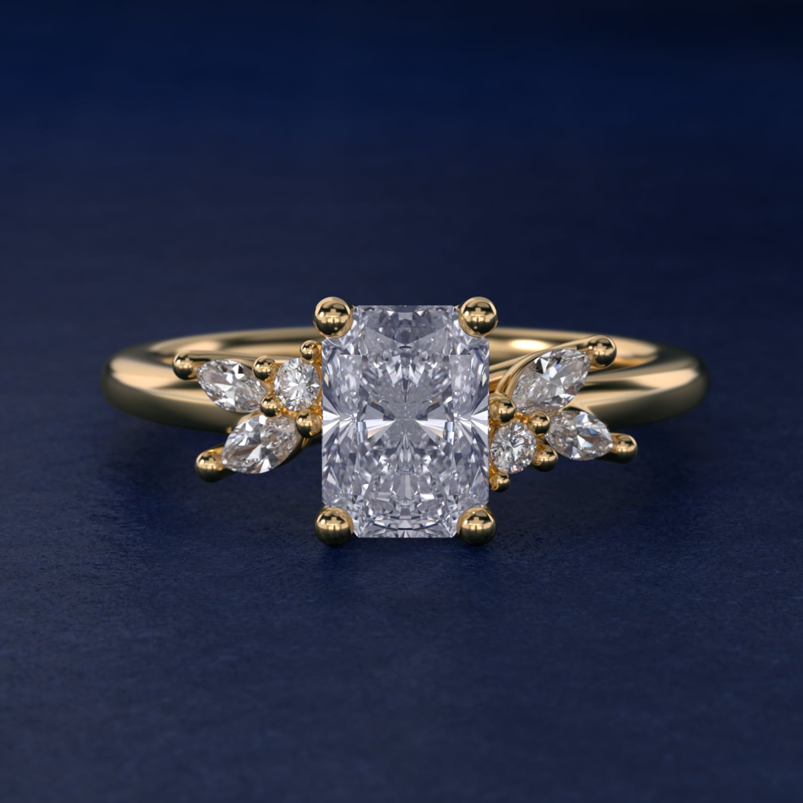 Marquise and Round Cluster Array Diamond Engagement Ring in 18k Yellow Gold - Radiant Center