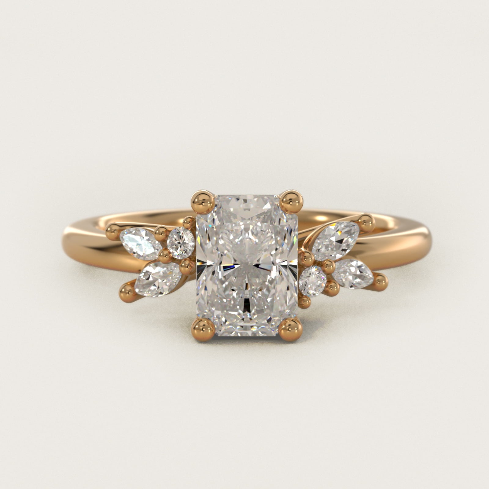 Marquise and Round Cluster Array Diamond Engagement Ring in 14k Yellow Gold - Radiant Center
