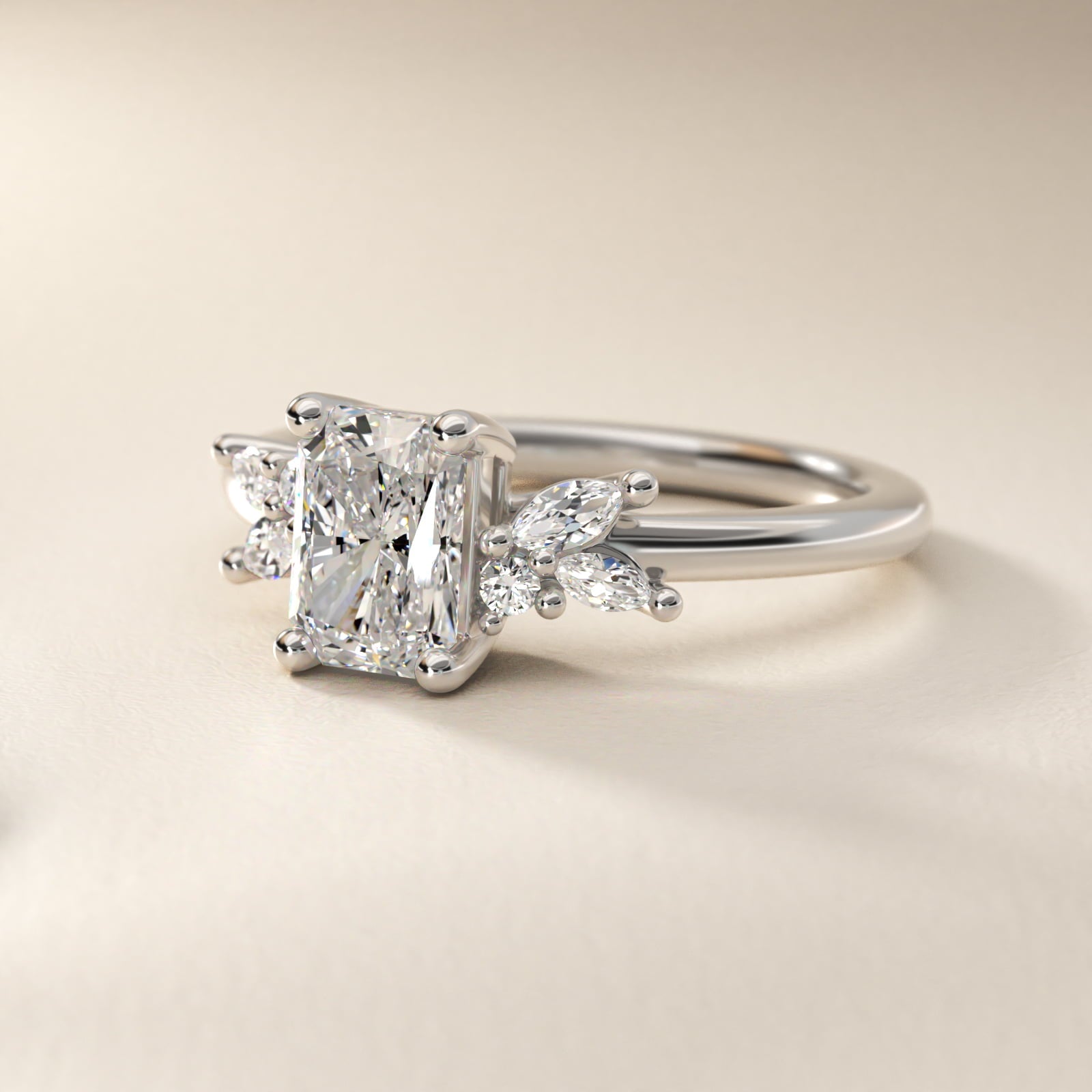 Marquise and Round Cluster Array Diamond Engagement Ring in Platinum - Radiant Center