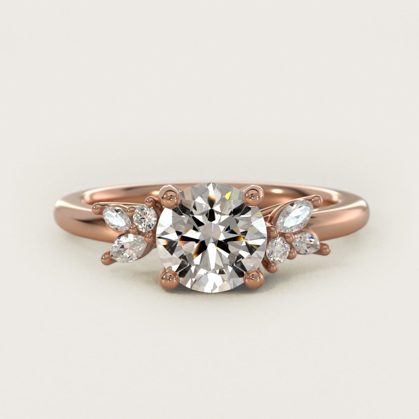 Marquise and Round Cluster Array Diamond Engagement Ring in 14k Rose Gold - Round Center