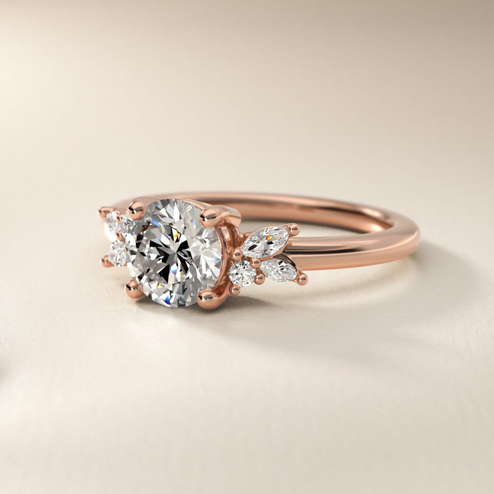 Marquise and Round Cluster Array Diamond Engagement Ring in 18k Rose Gold - Round Center