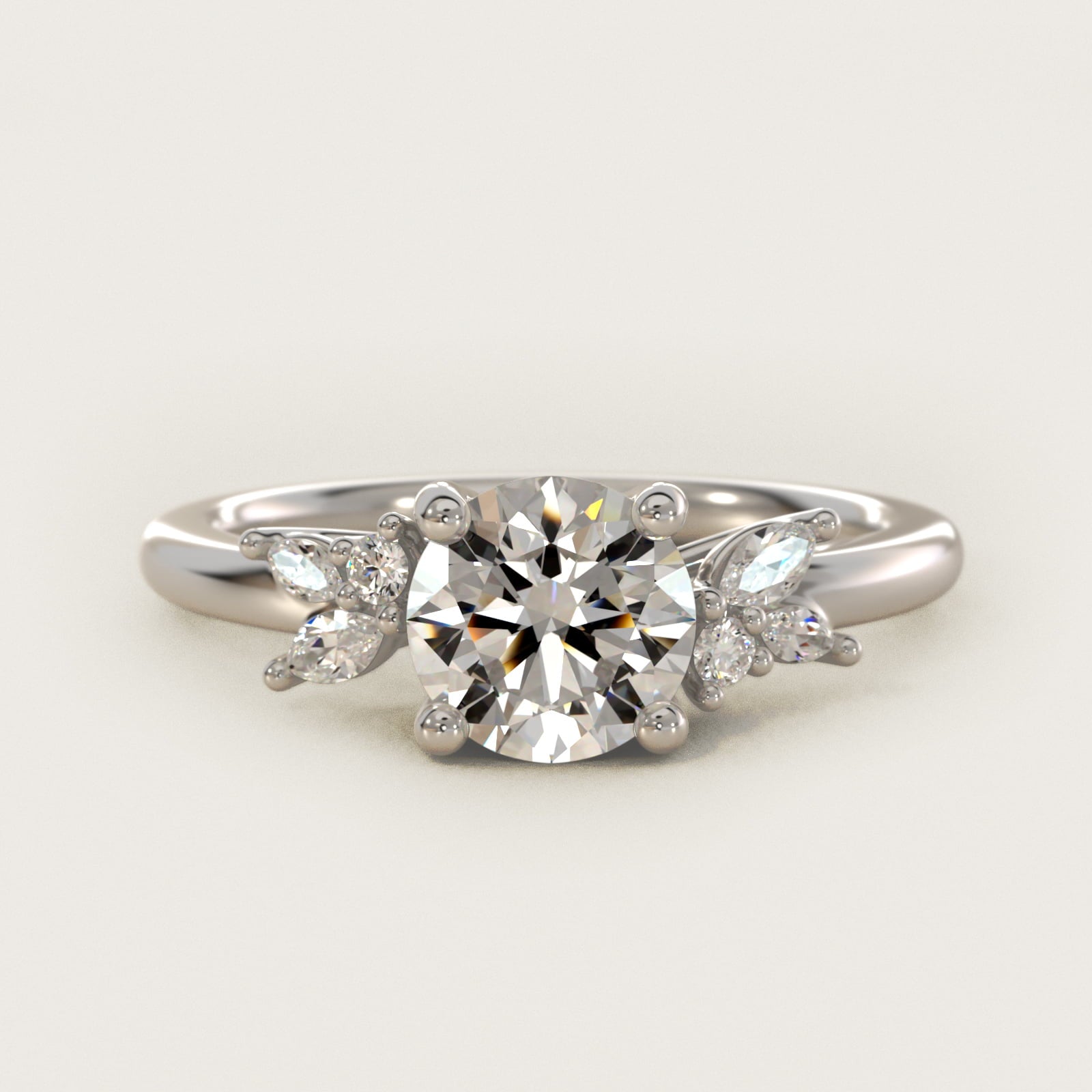 Marquise and Round Cluster Array Diamond Engagement Ring in 18k White Gold - Round Center
