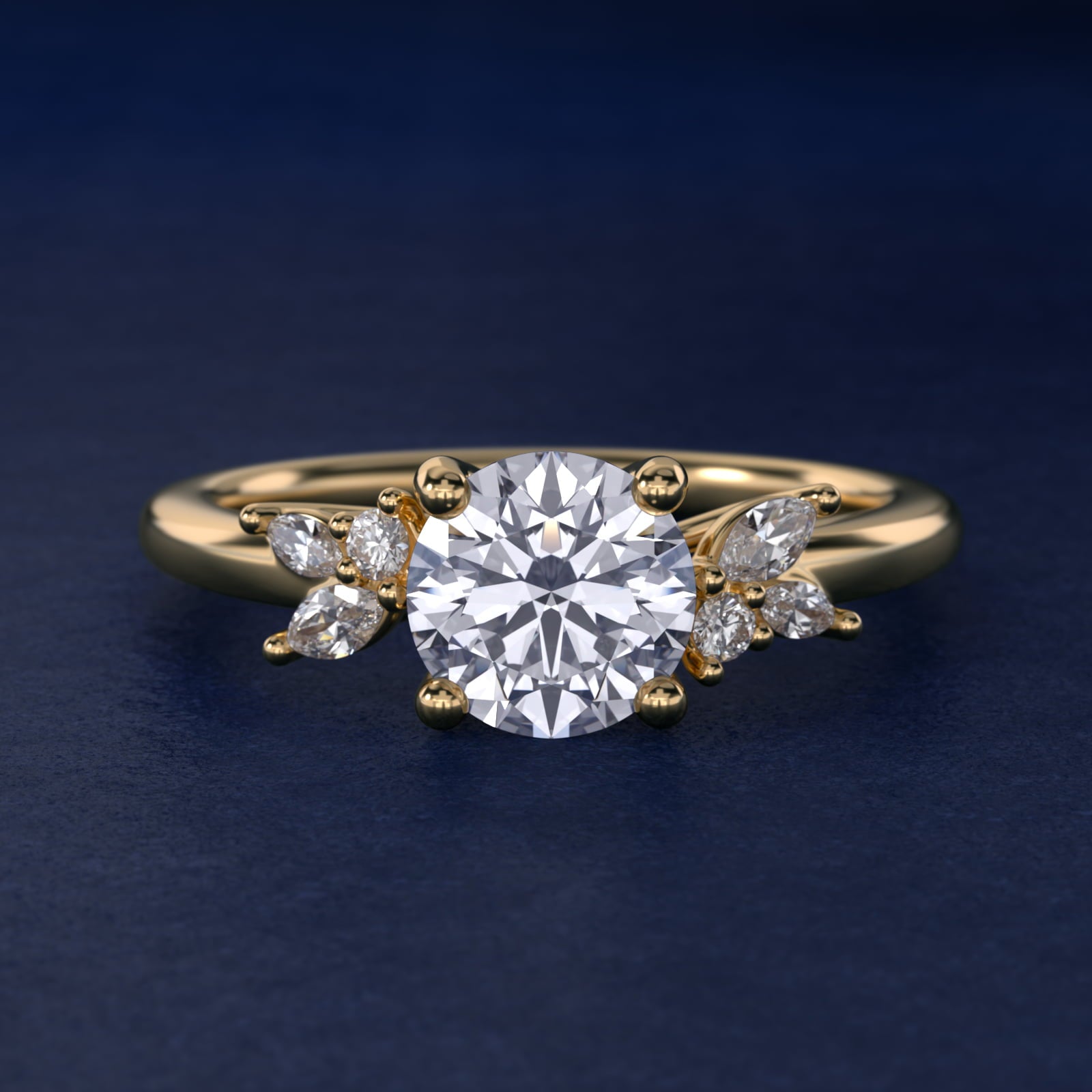 Marquise and Round Cluster Array Diamond Engagement Ring in 14k Yellow Gold - Round Center