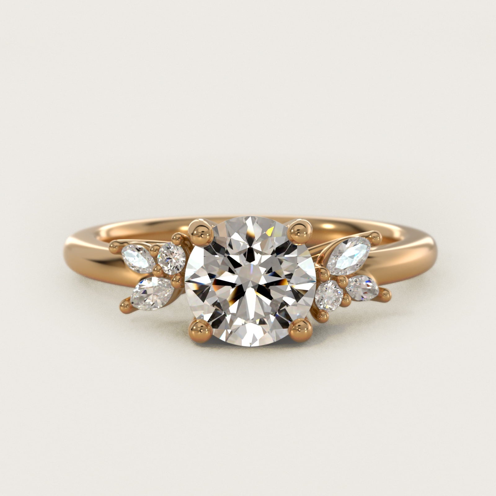 Marquise and Round Cluster Array Diamond Engagement Ring in 18k Yellow Gold - Round Center