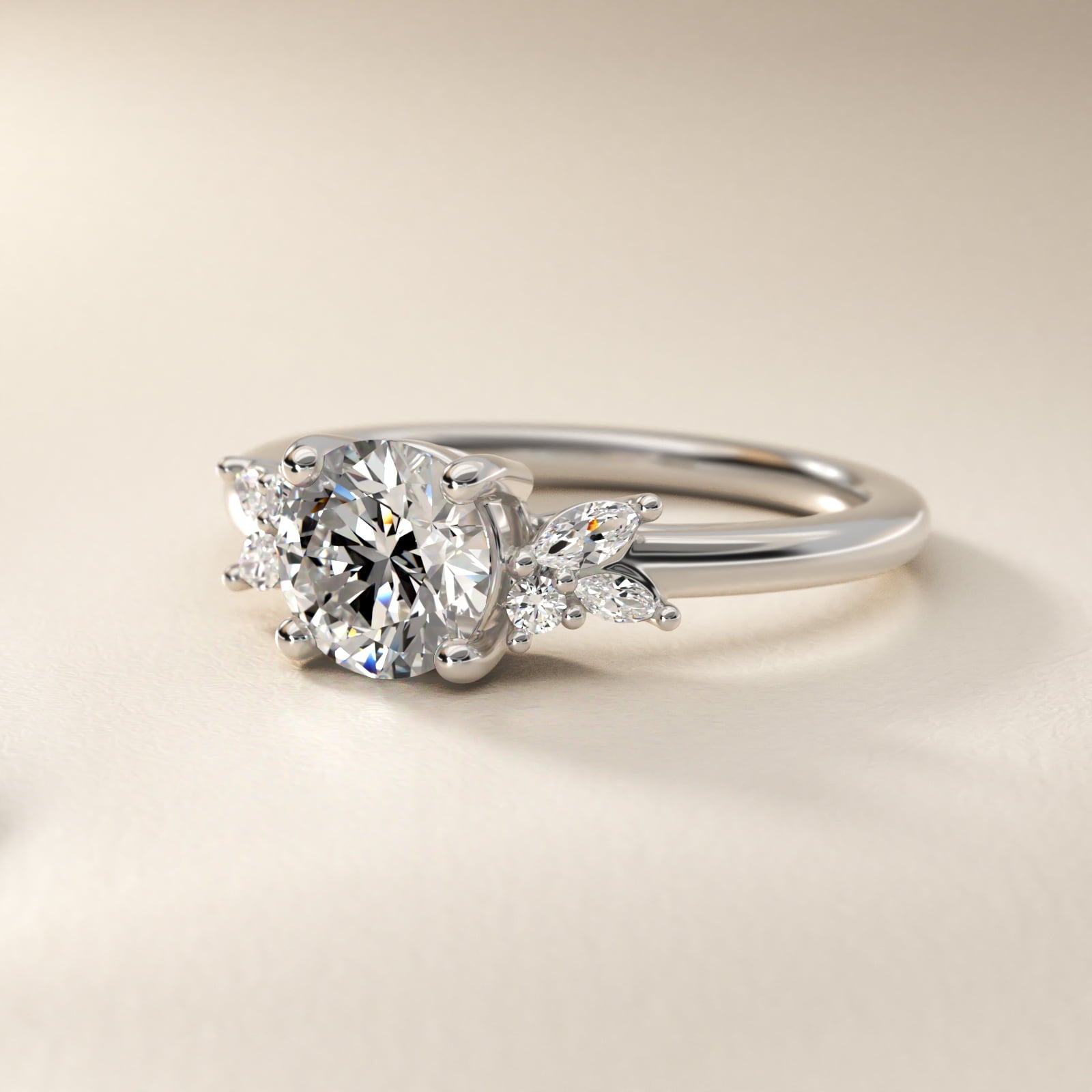 Marquise and Round Cluster Array Diamond Engagement Ring in Platinum - Round Center