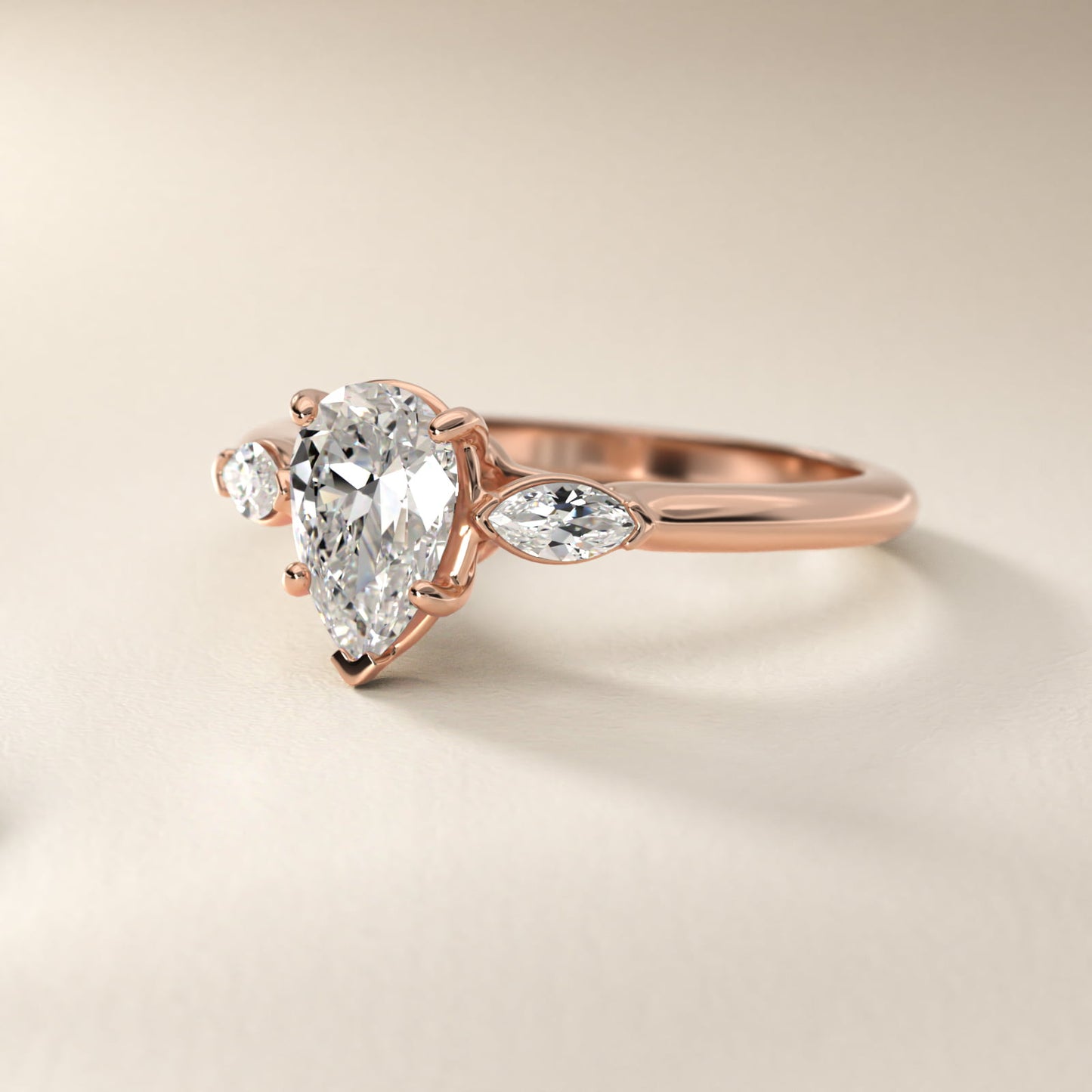 Marquise Cut Diamond Three Stone Engagement Ring In 18k Rose Gold By James Allen - Pear Center