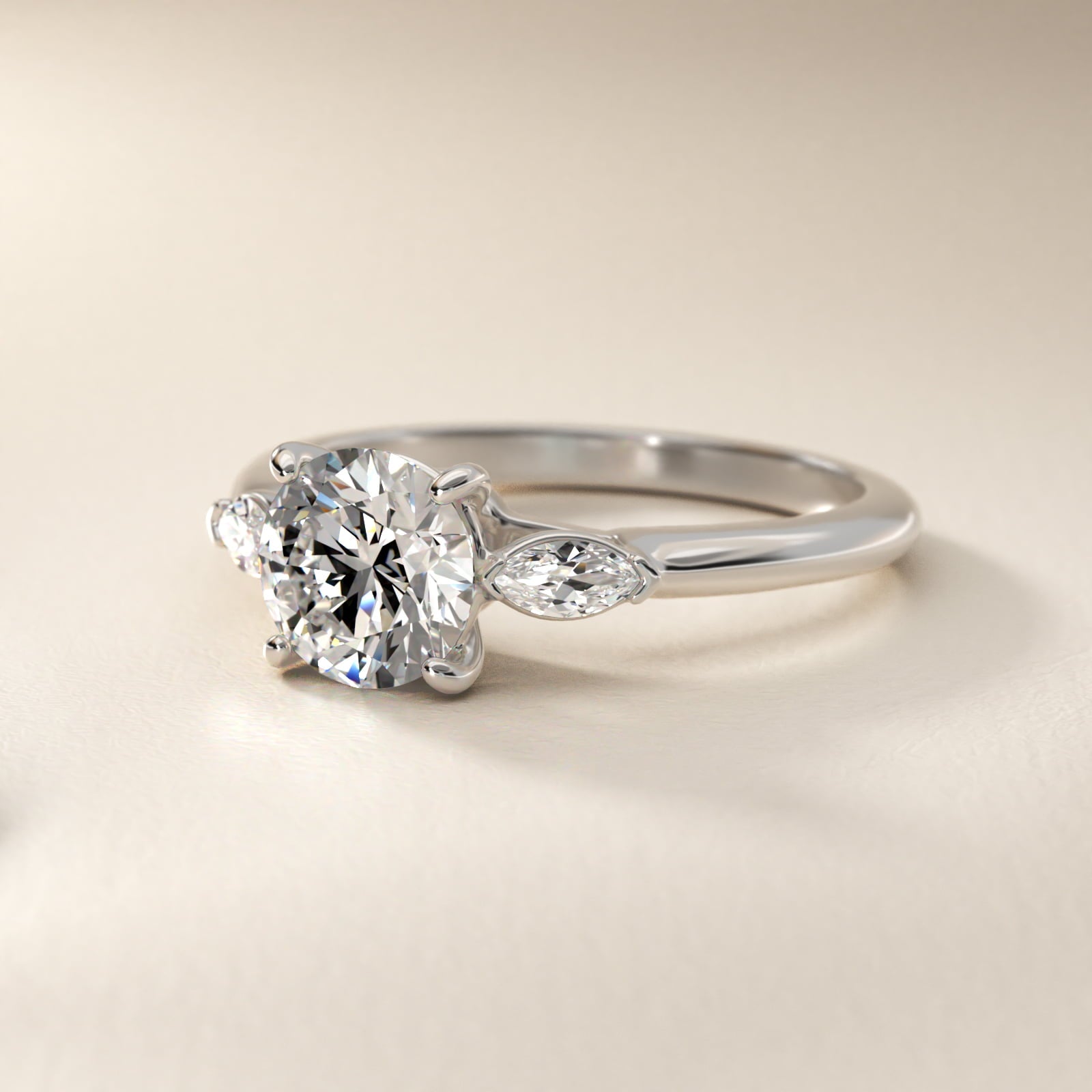 Marquise Cut Diamond Three Stone Engagement Ring In 18k White Gold By James Allen - Round Center