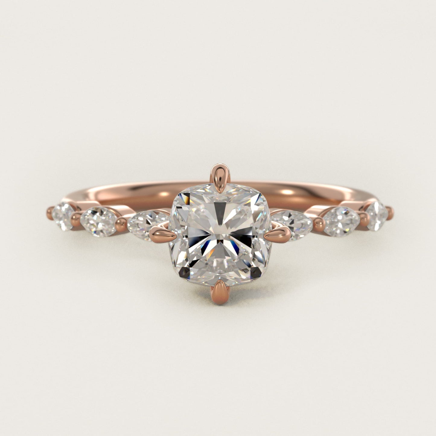 Marquise Cut Side Stone Diamond Shared Prong Engagement Ring In 18k Rose Gold By James Allen - Cushion Center